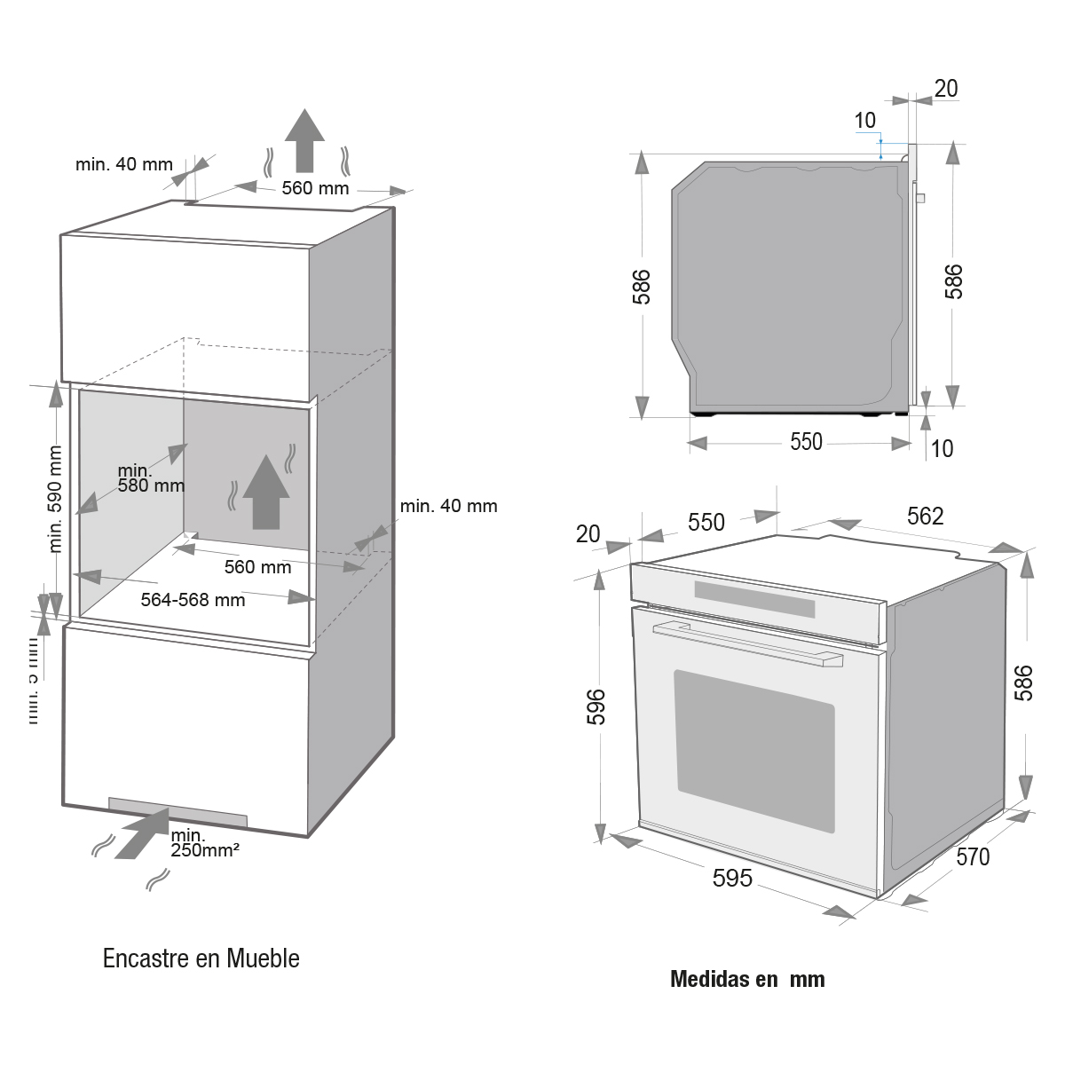 Dibujo técnico de un horno empotrable con medidas en mm.