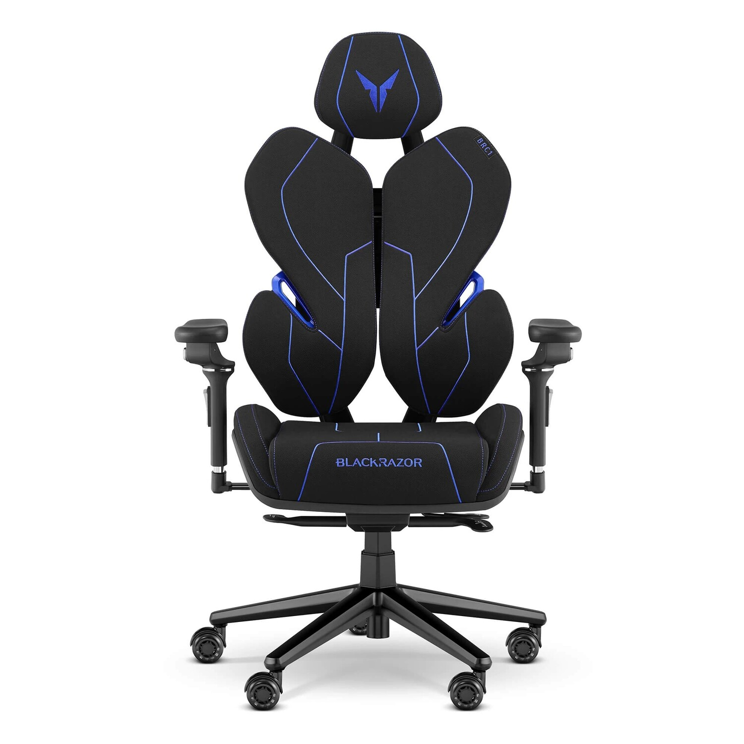 Czarny fotel gamingowy z niebieskimi akcentami i emblematem na zagłówku.