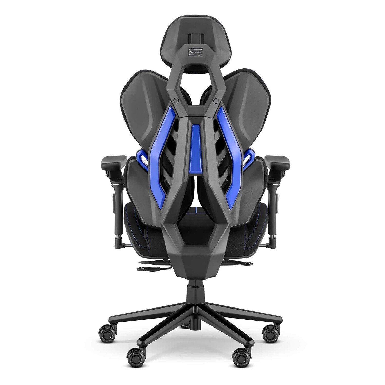 Czarny fotel gamingowy z niebieskimi akcentami, widziany od tyłu.