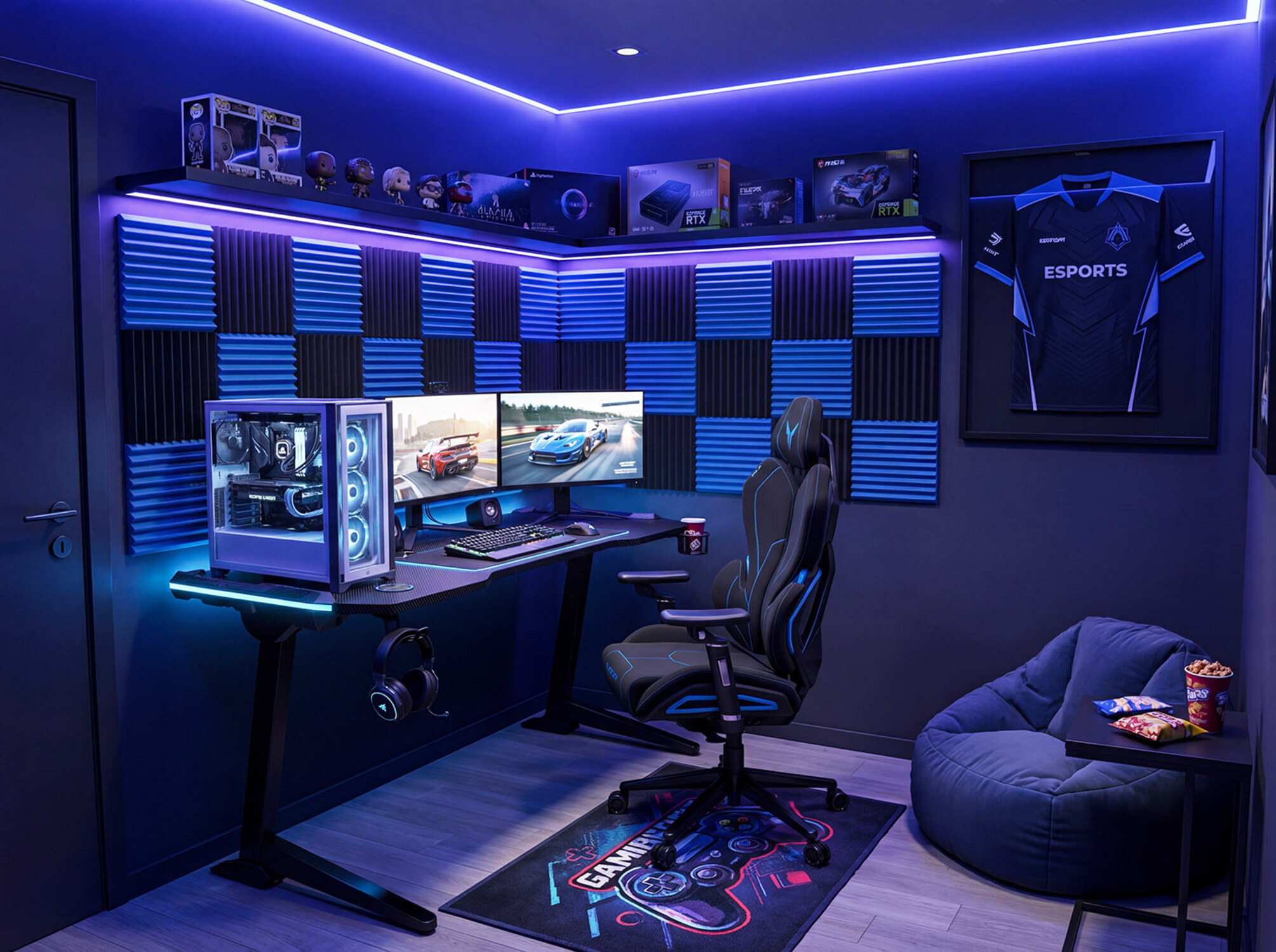 Pokój gracza z niebieskim oświetleniem, PC, dwoma monitorami, fotelem gamingowym i pufą.