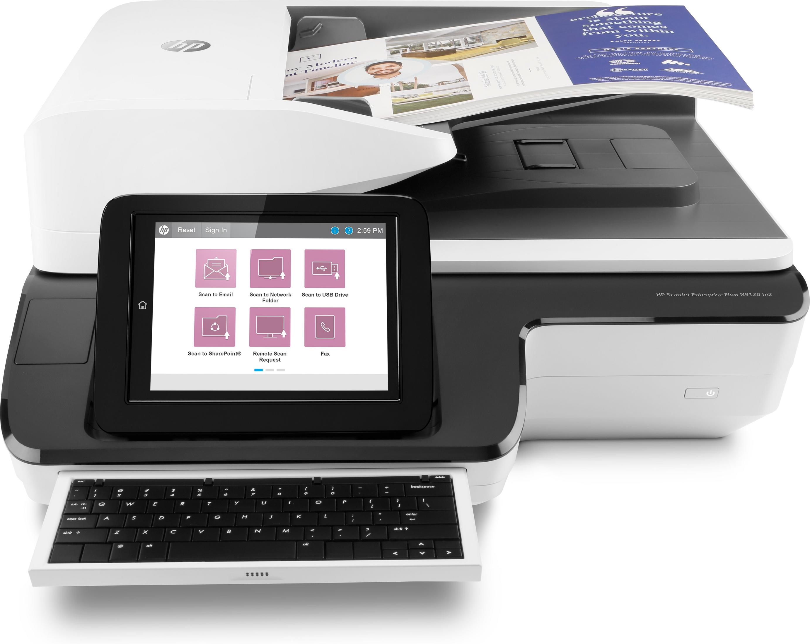 HP ScanJet Enterprise Flow N9120 fn2 mit Touchscreen, Tastatur und Dokumenten.