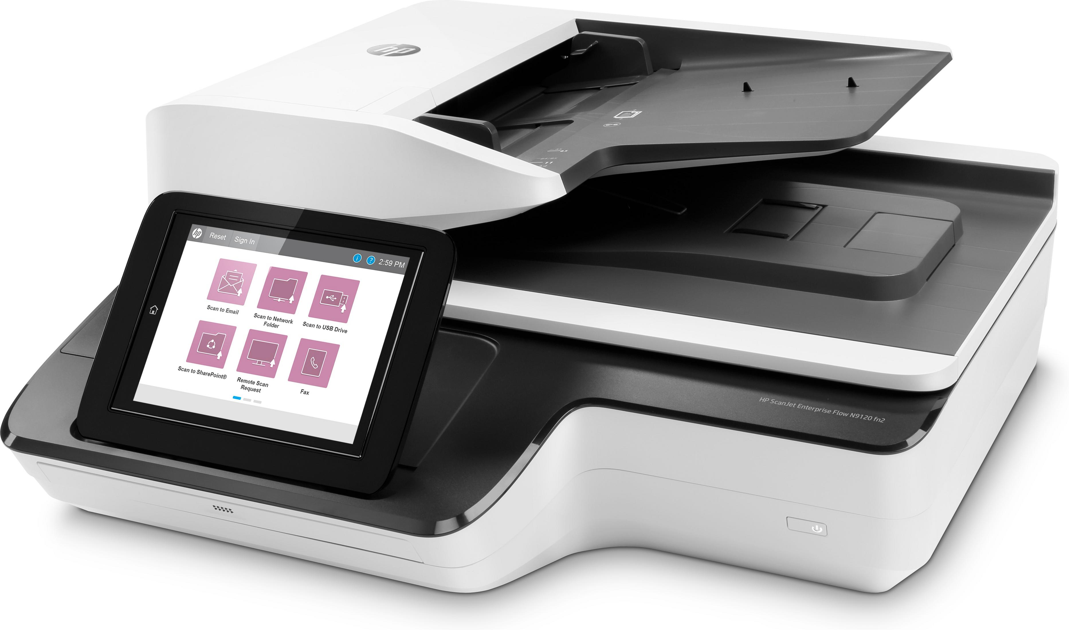 Ein weißer HP Scanner mit Touchscreen-Display, das Scanoptionen anzeigt.