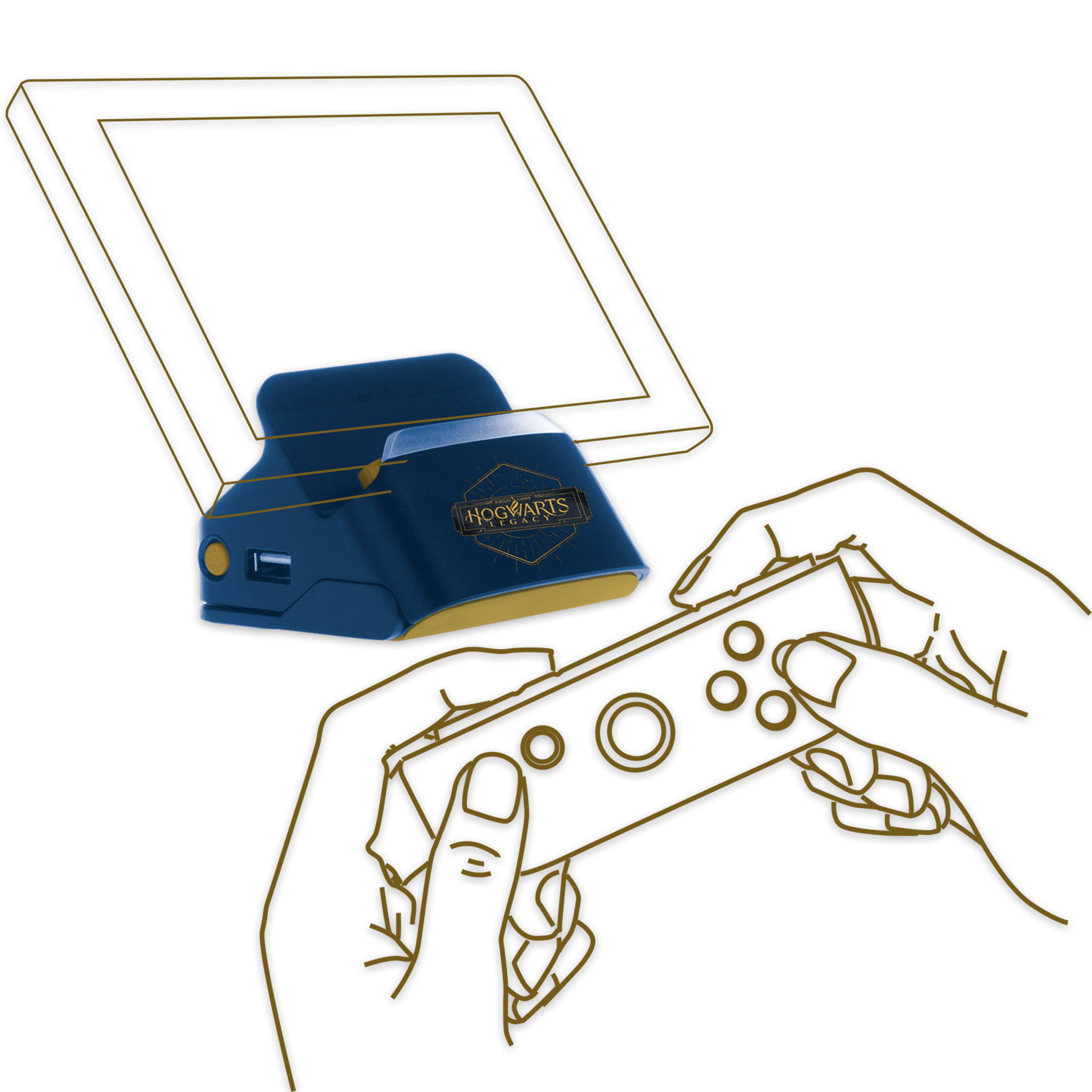Hogwarts Legacy Dockingstation mit Controller in der Hand.