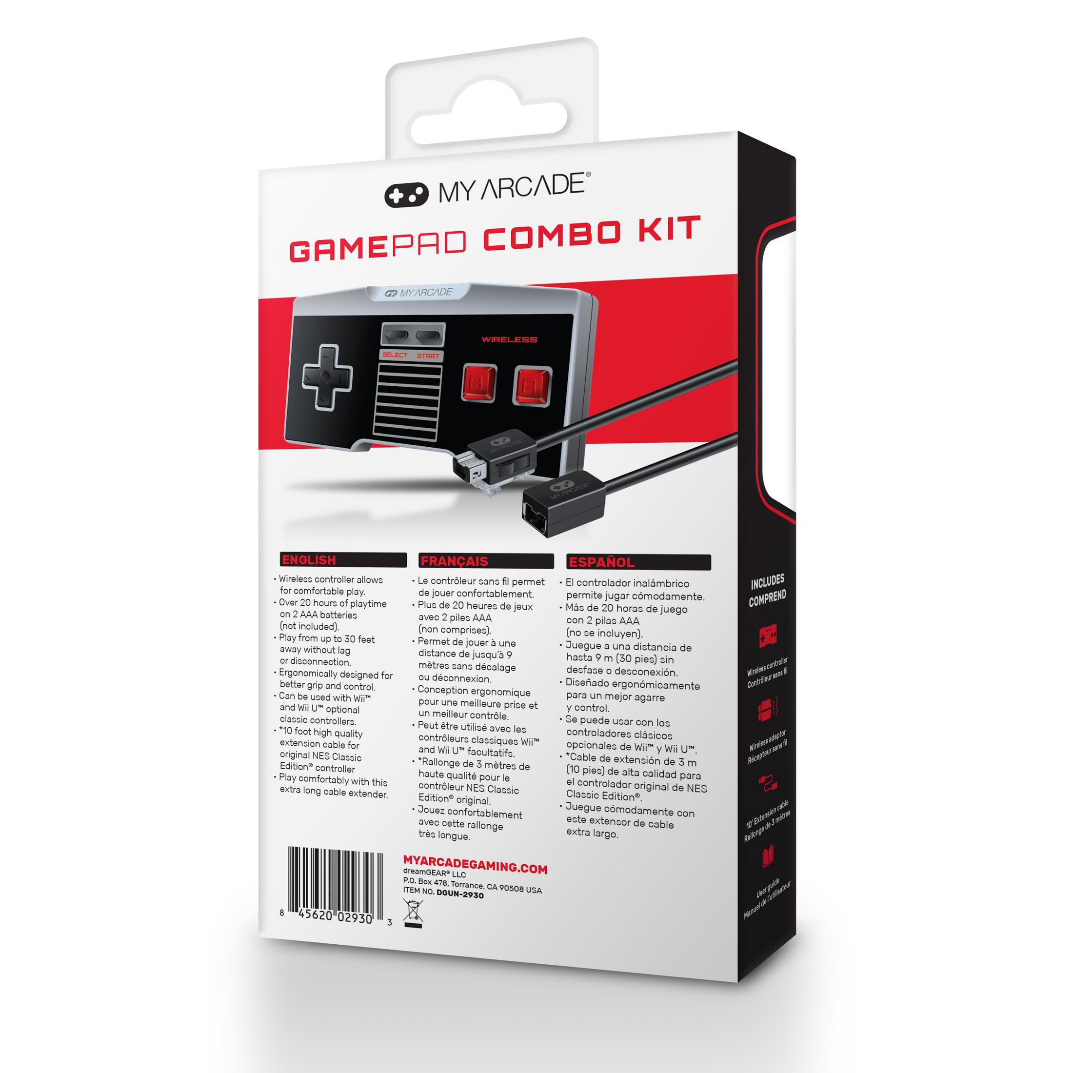 Confezione di un kit combo gamepad wireless con controller e cavi.