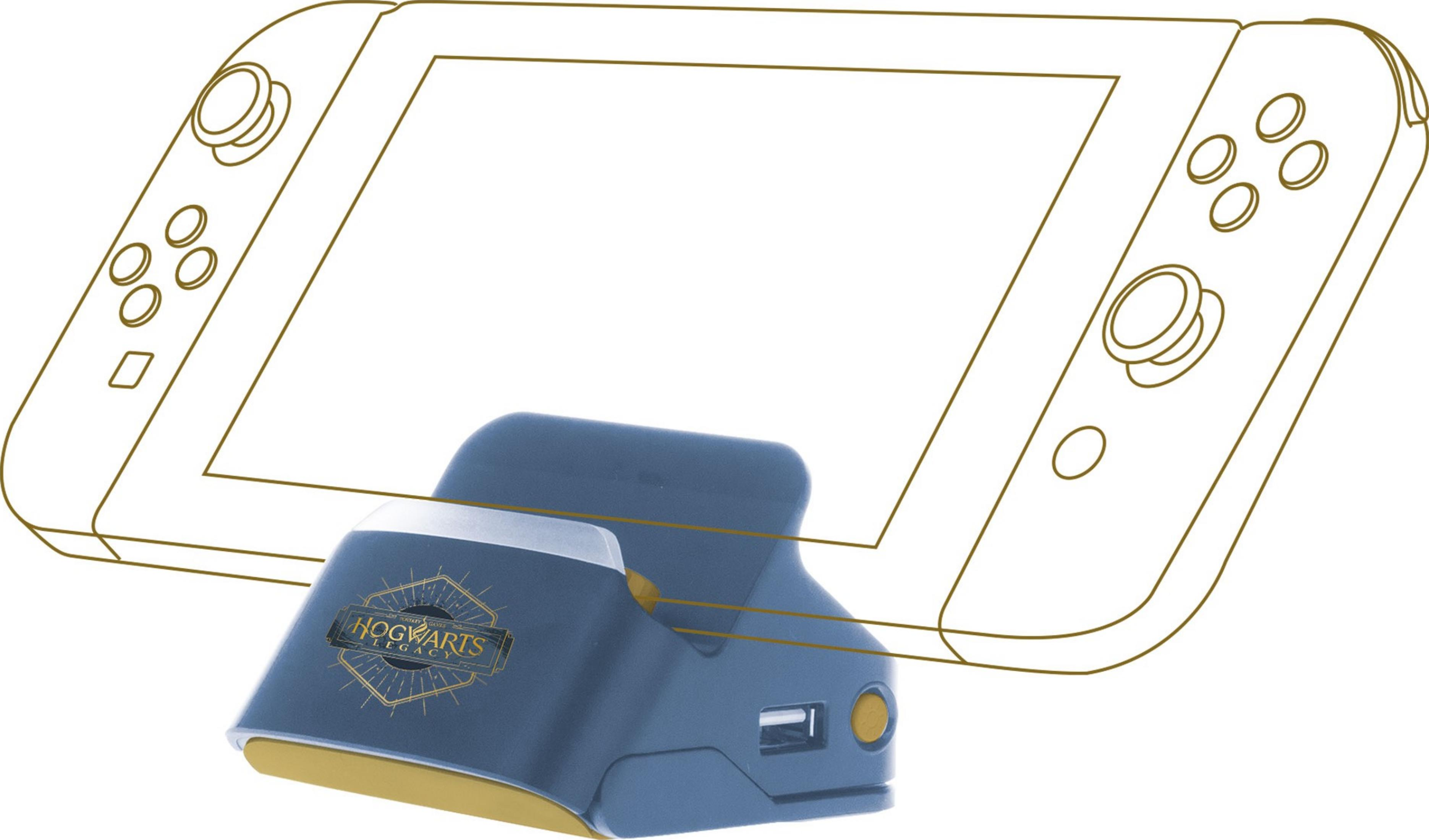 Eine stilisierte Zeichnung einer Spielekonsole mit einem blauen Lade-Dock mit dem Hogwarts Legacy-Logo.