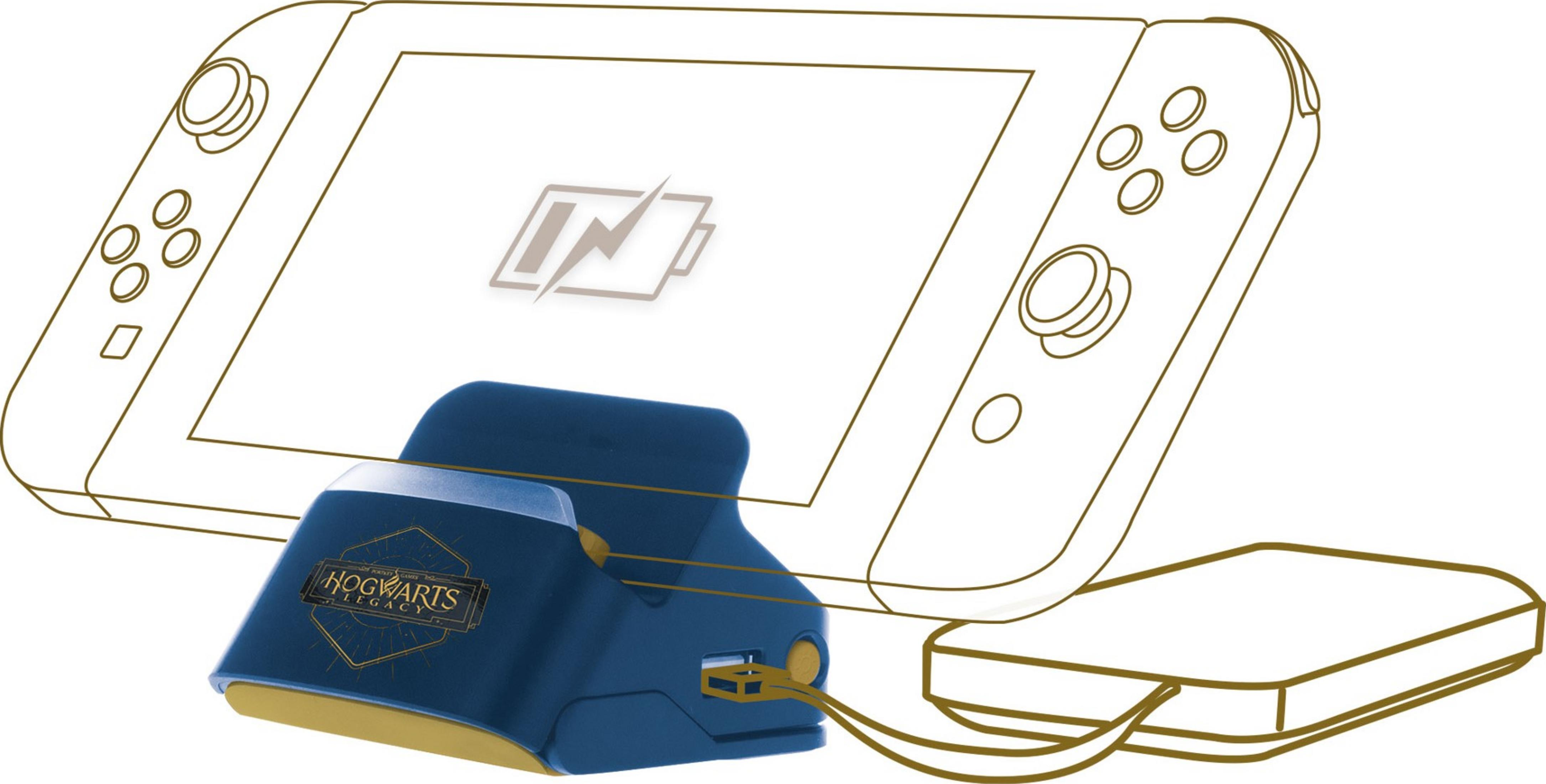 Ein blau-goldener Ladeadapter mit Hogwarts Legacy-Logo für ein Switch-ähnliches Gerät.