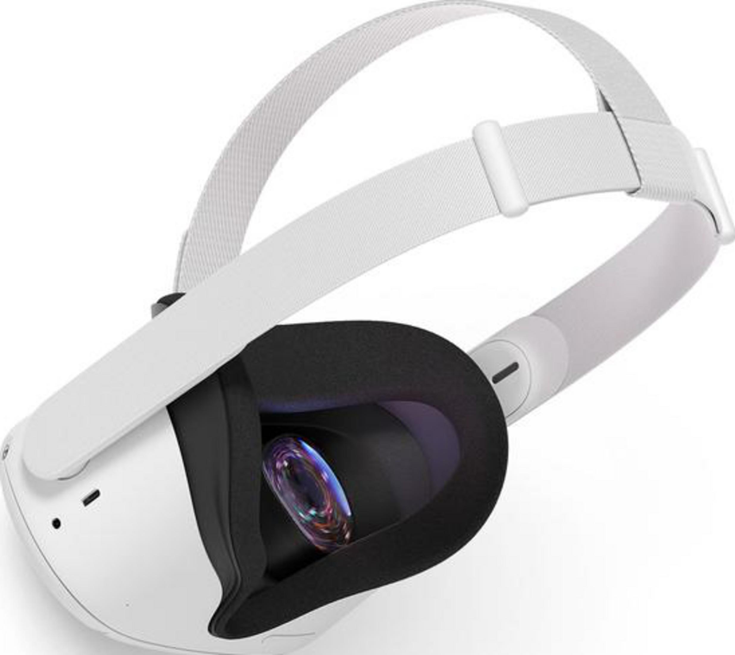 Eine weiße VR-Brille mit schwarzem Schaumstoffpolster und sichtbarem Objektiv.
