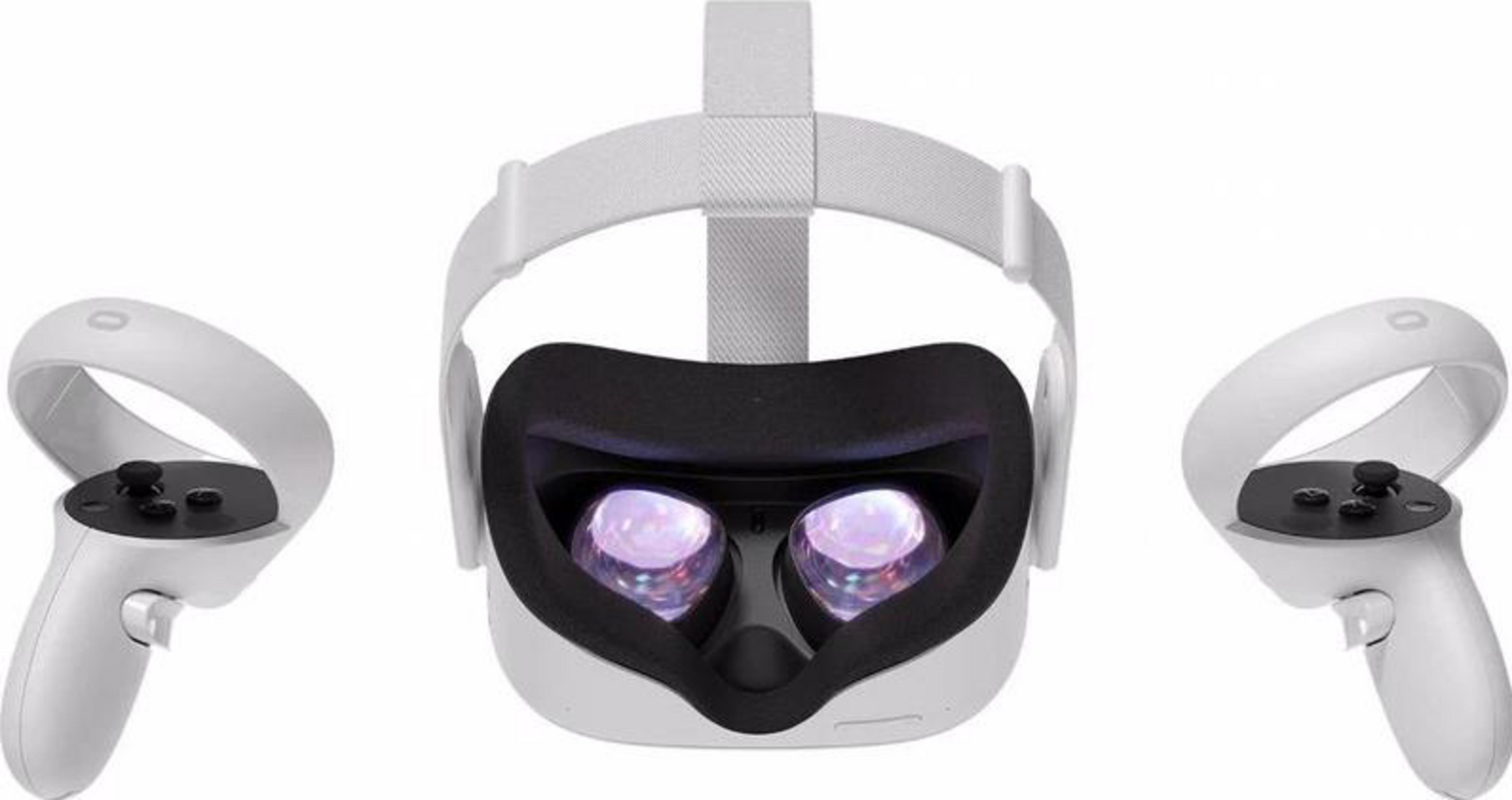 Weiße VR-Brille mit schwarzem Inneren und zwei weißen Controllern an den Seiten.