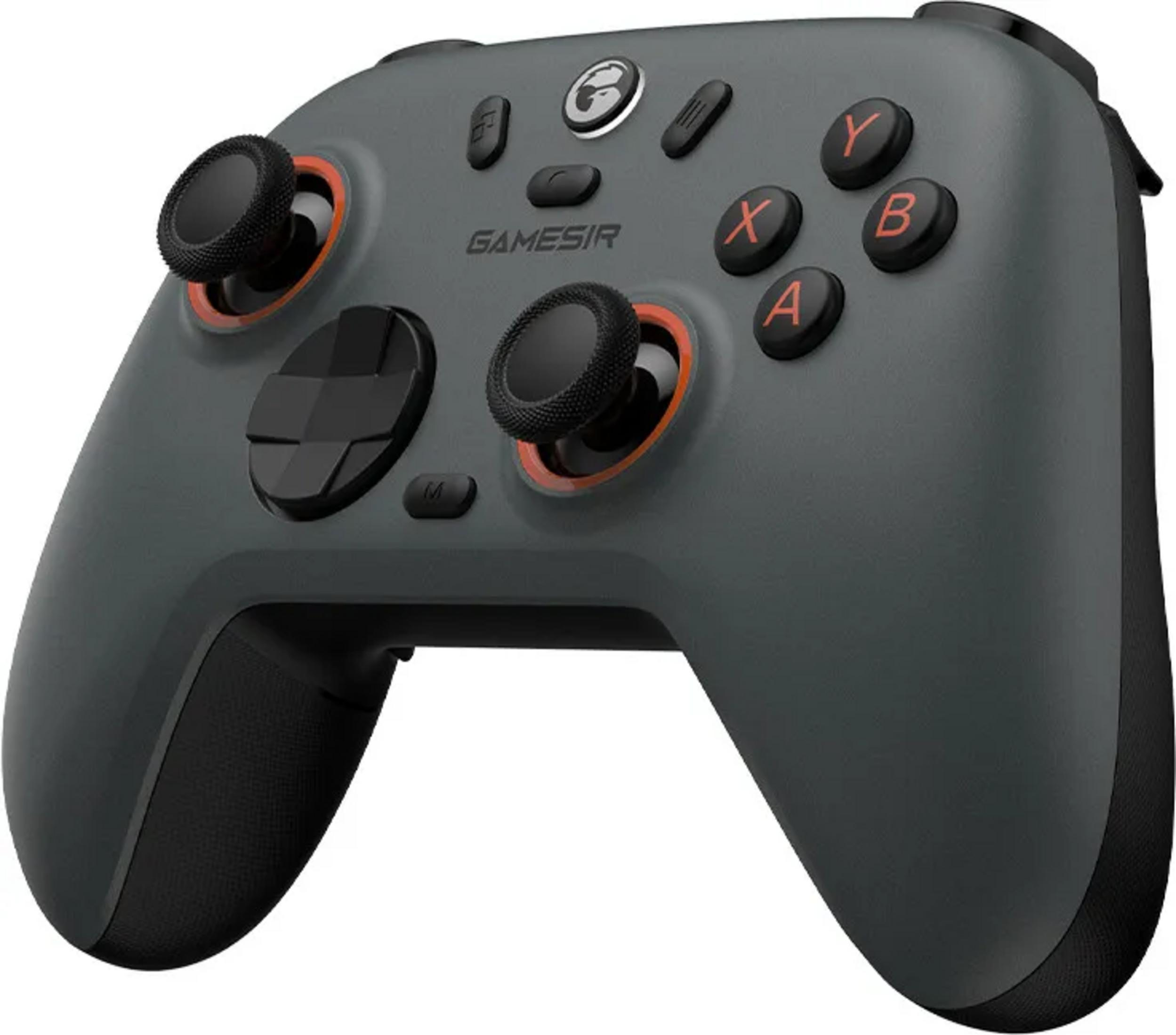 Ein grauer Gamecontroller mit schwarzen Sticks und orangefarbenen Akzenten.