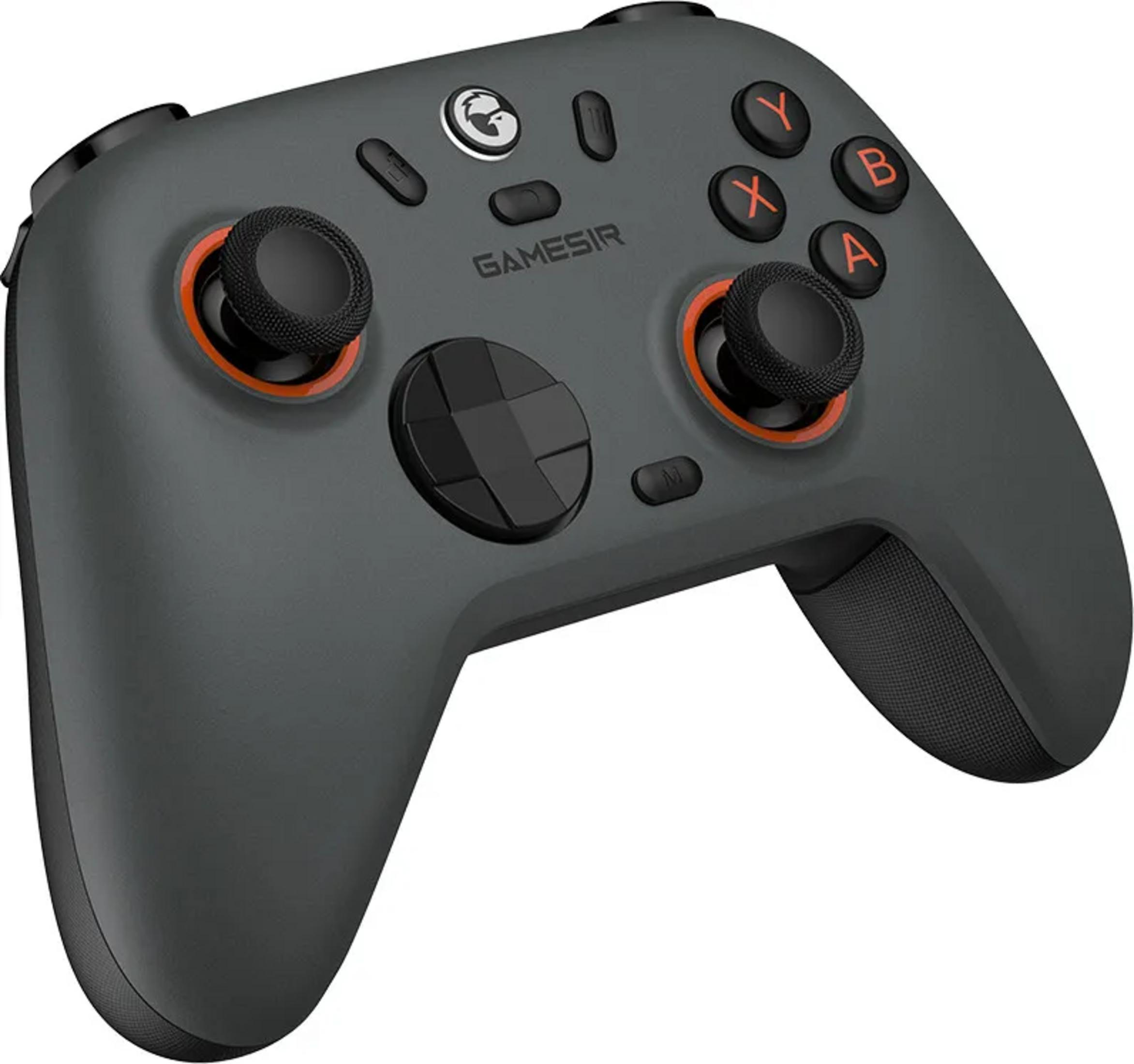 Ein grauer Gaming-Controller mit orangefarbenen Akzenten und schwarzen Knöpfen.