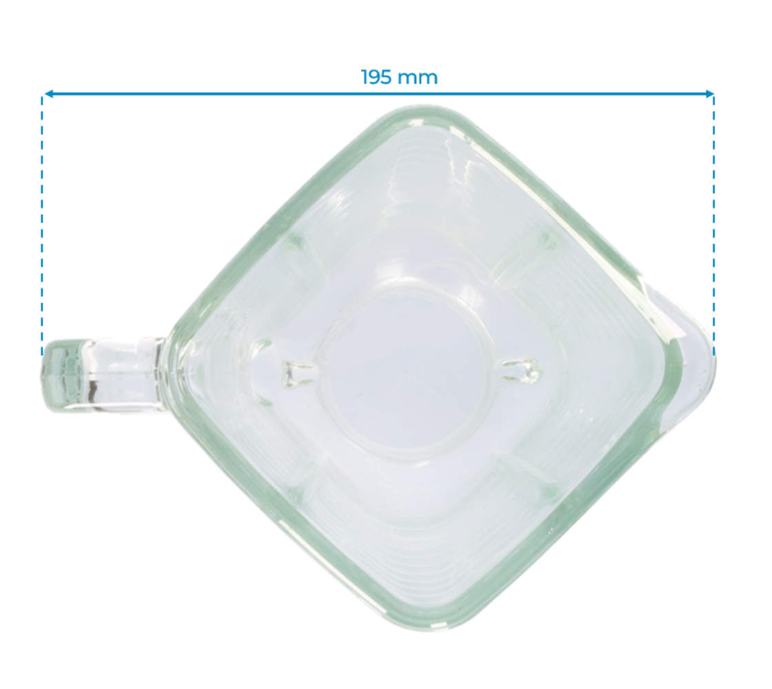 Contenedor de vidrio con asa, forma cuadrada, 195 mm de ancho.