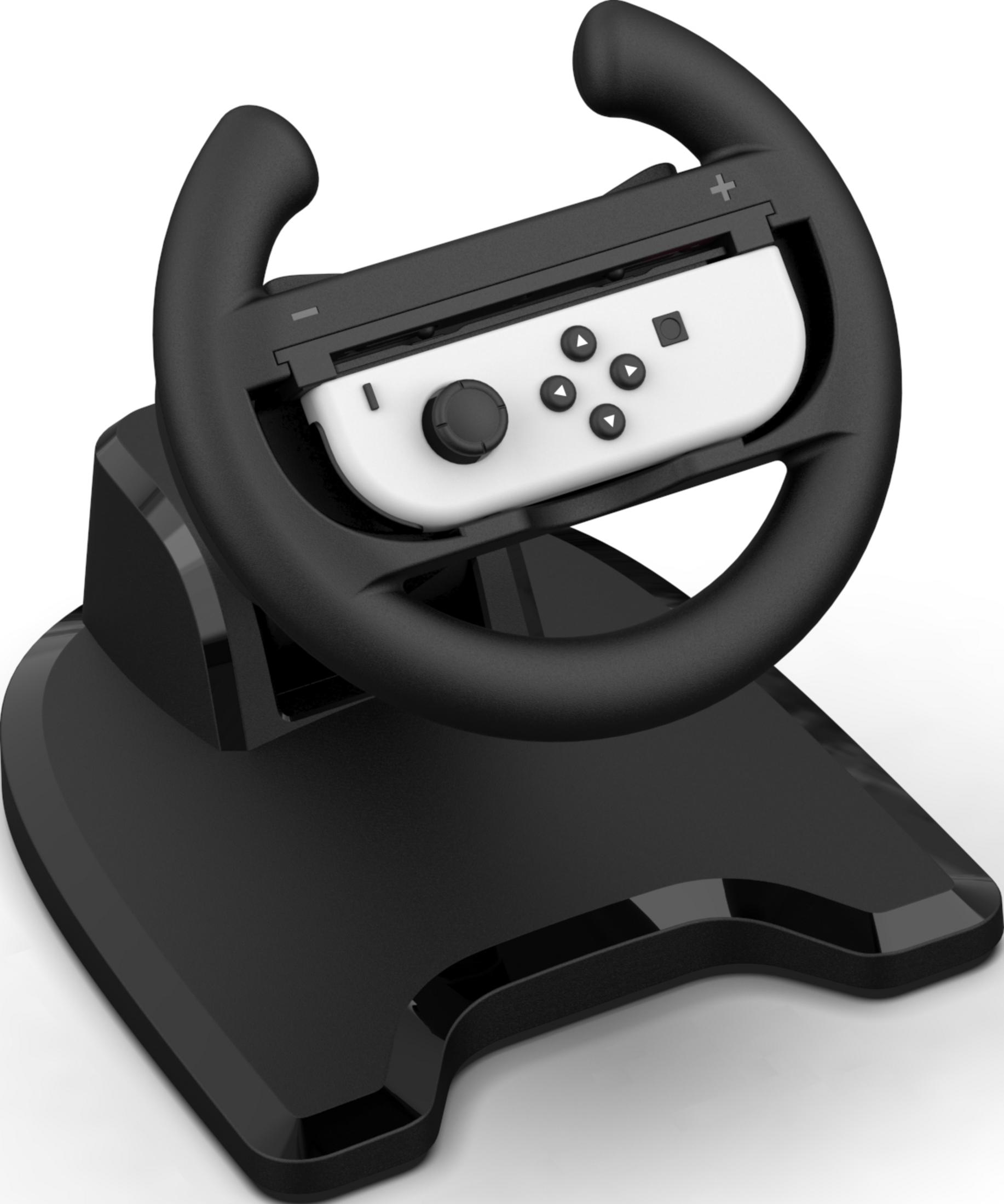 Un volante nero con inserto controller bianco su una base.