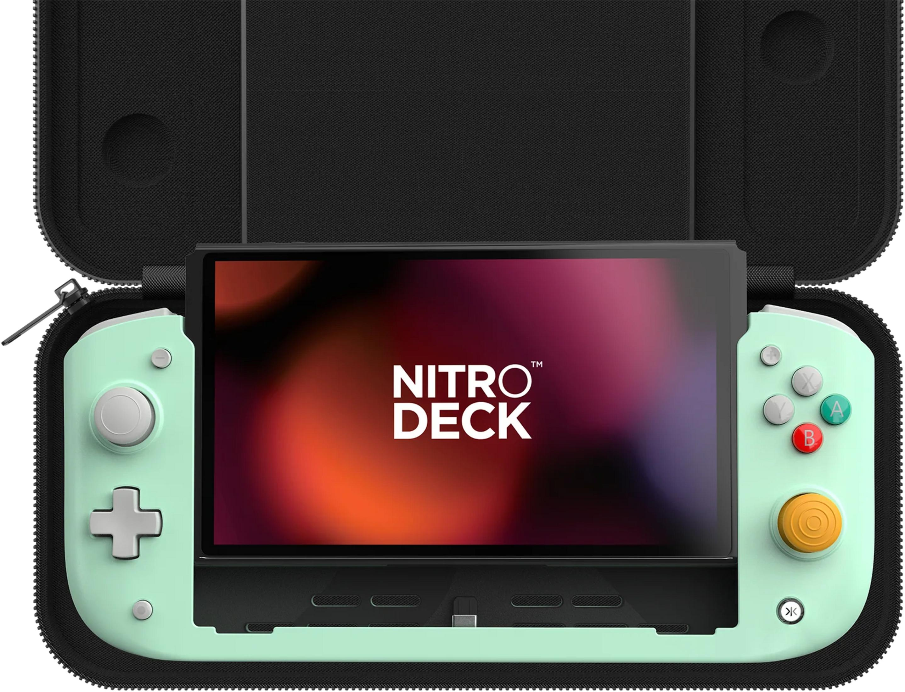 Ein mintgrüner Handheld-Gaming-Controller mit einer schwarzen Schutzhülle.