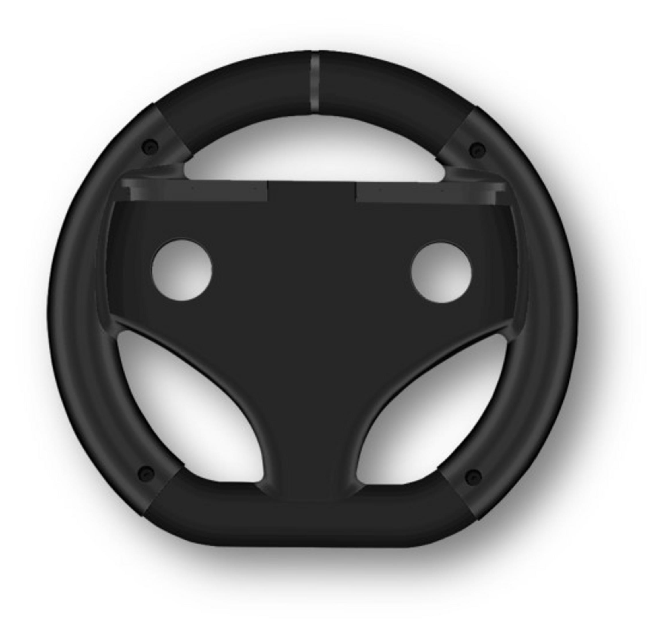 Un volante nero a tre razze e due ritagli rotondi.