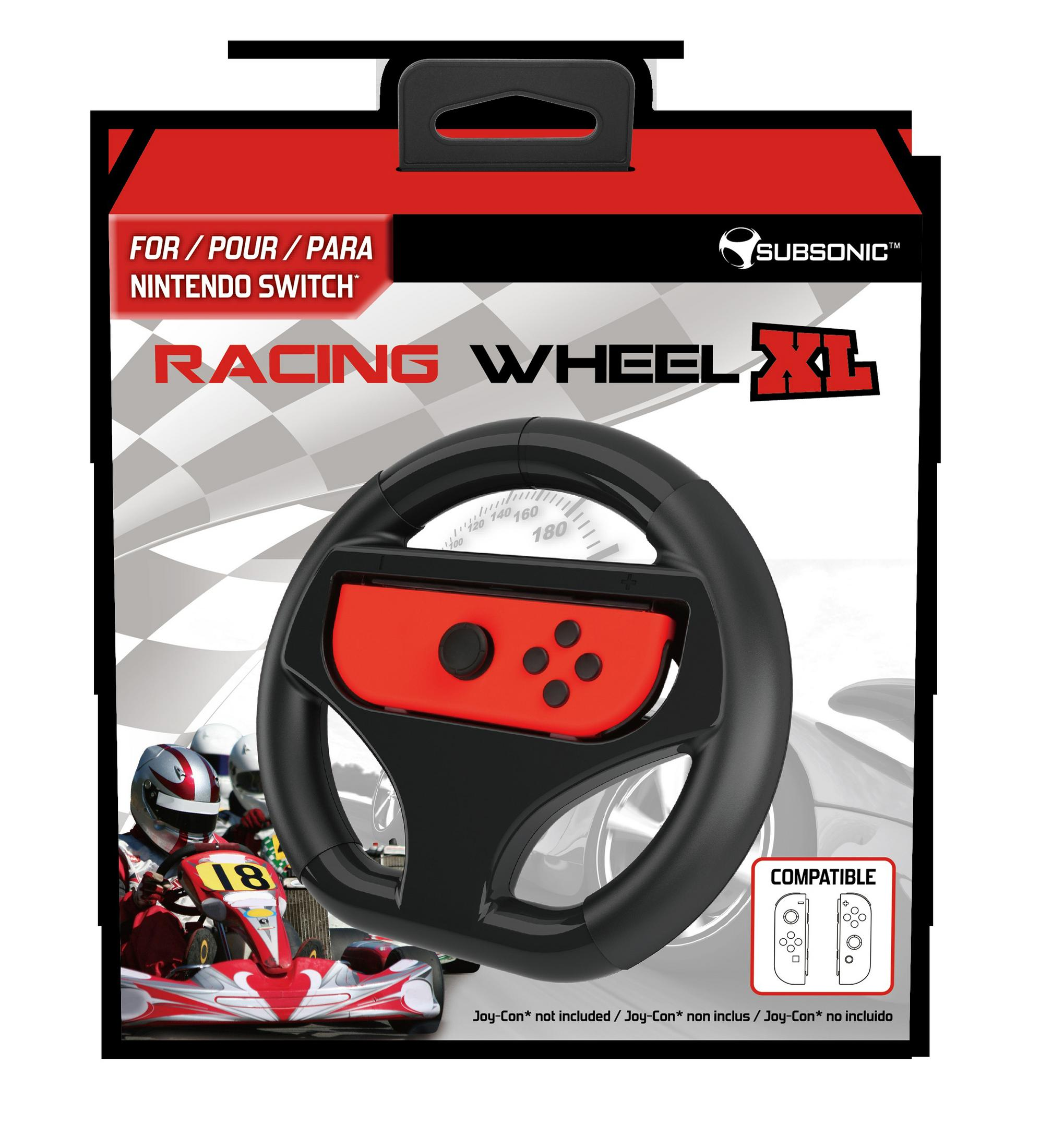 Un volante da corsa per Nintendo Switch con grafica di auto da corsa e icone Joy-Con.