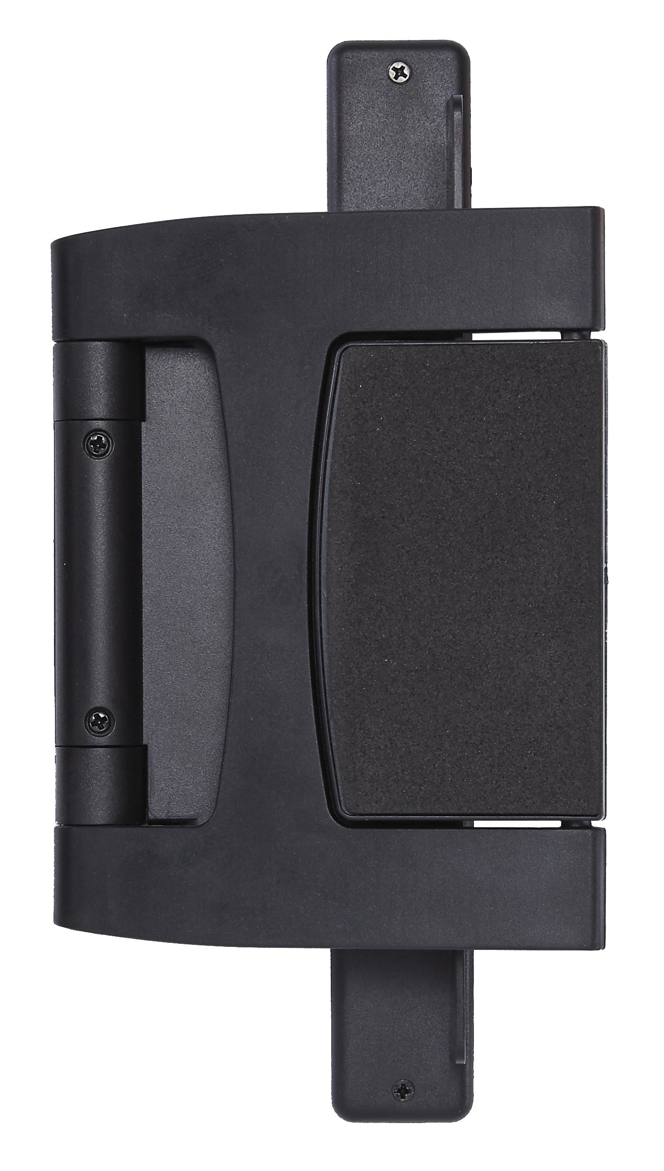 Maniglia porta nera con viti, stile verticale.