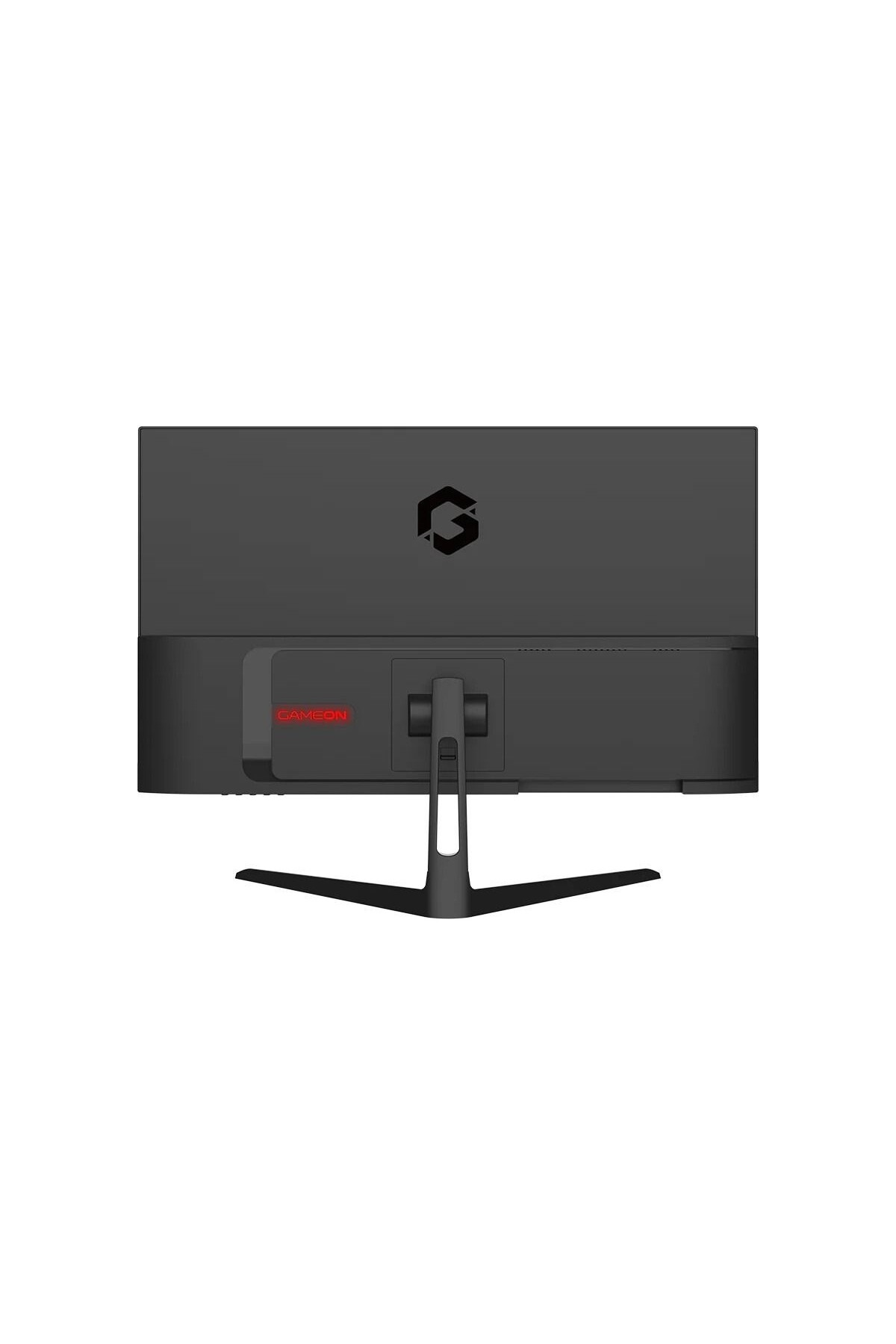 Kırmızı GAMEON logosu ve stilize edilmiş G sembolü olan siyah monitörün arkası.