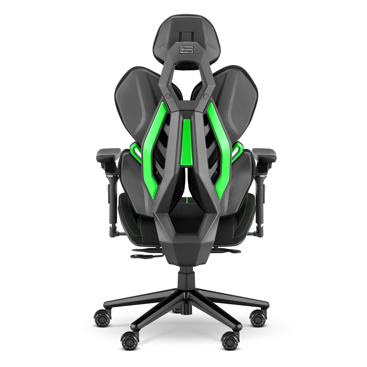 Czarny fotel gamingowy z zielonymi akcentami, widok od tyłu.