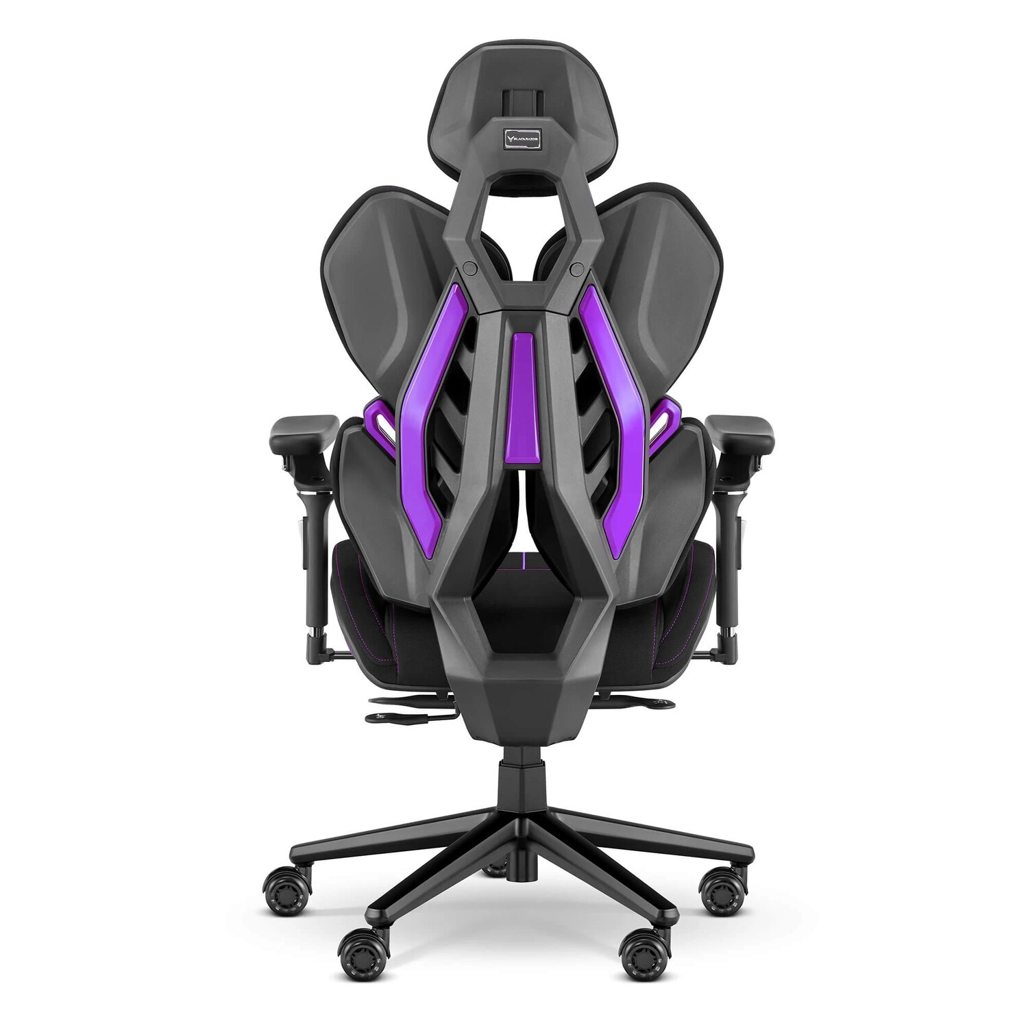 Czarny fotel gamingowy z fioletowymi akcentami, widok od tyłu.
