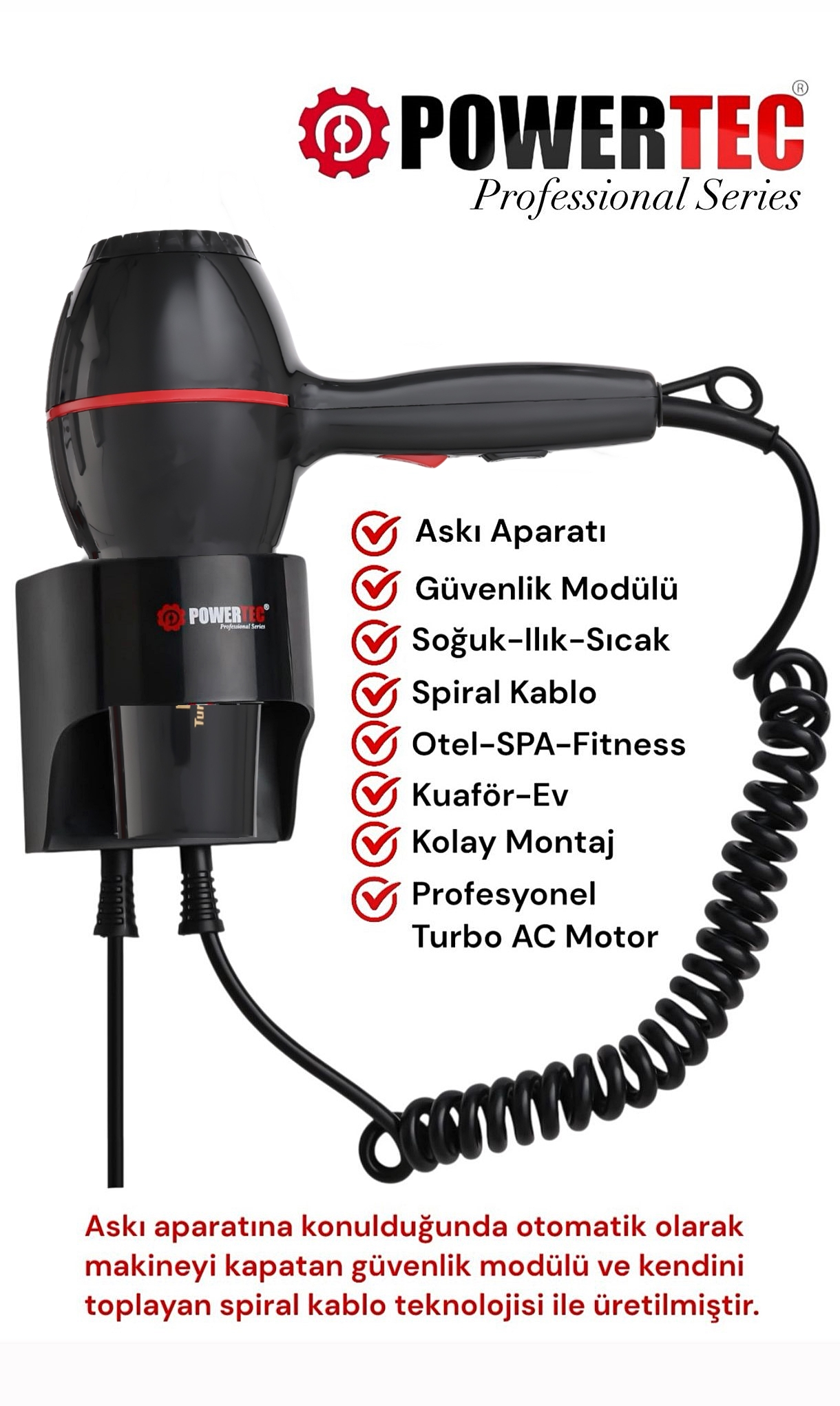 POWERTEC TR-301 Askı Aparatlı 2500 W Saç Kurutma Makinesi Siyah