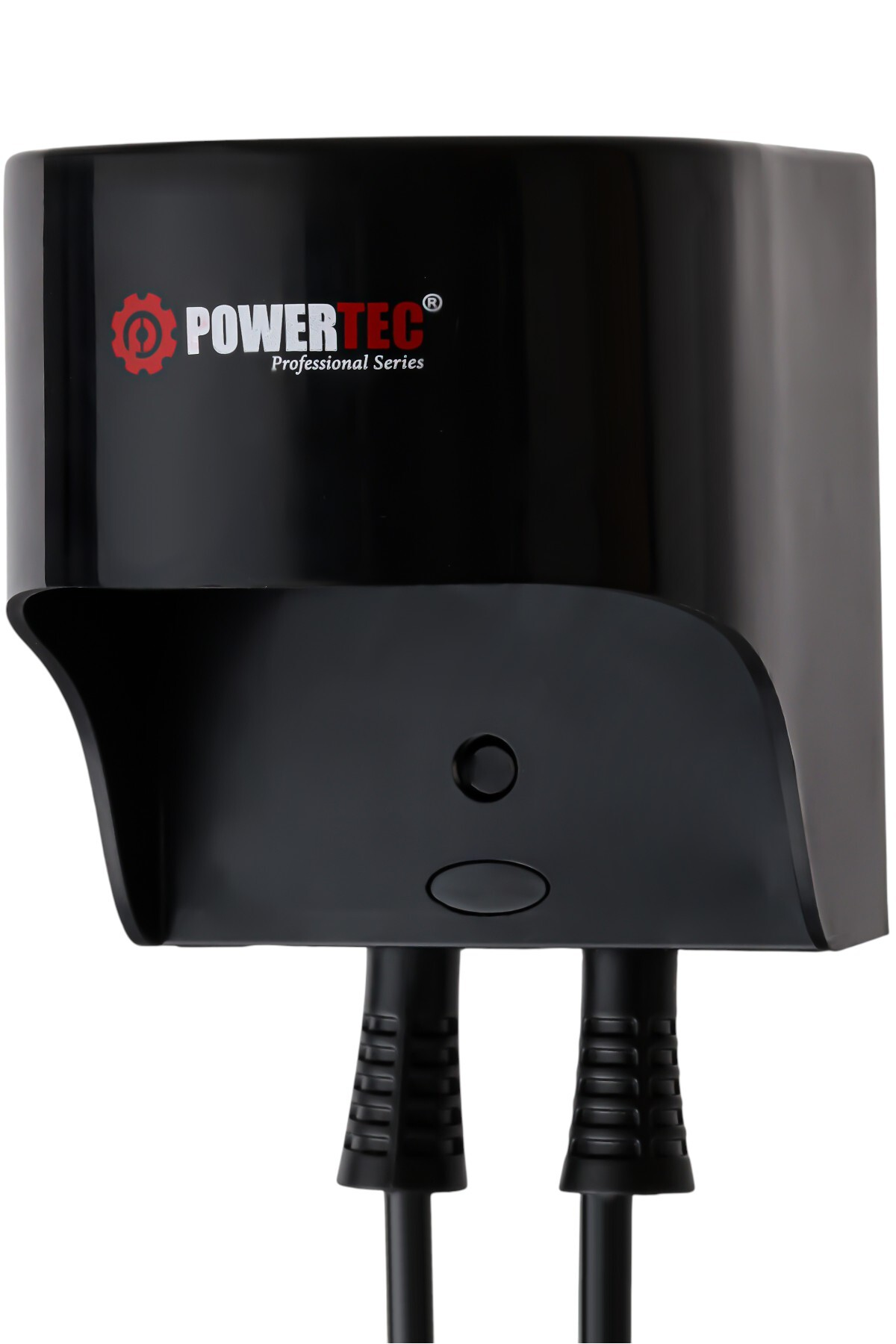Siyah Powertec güç kaynağı, iki kablo ve logo ile.
