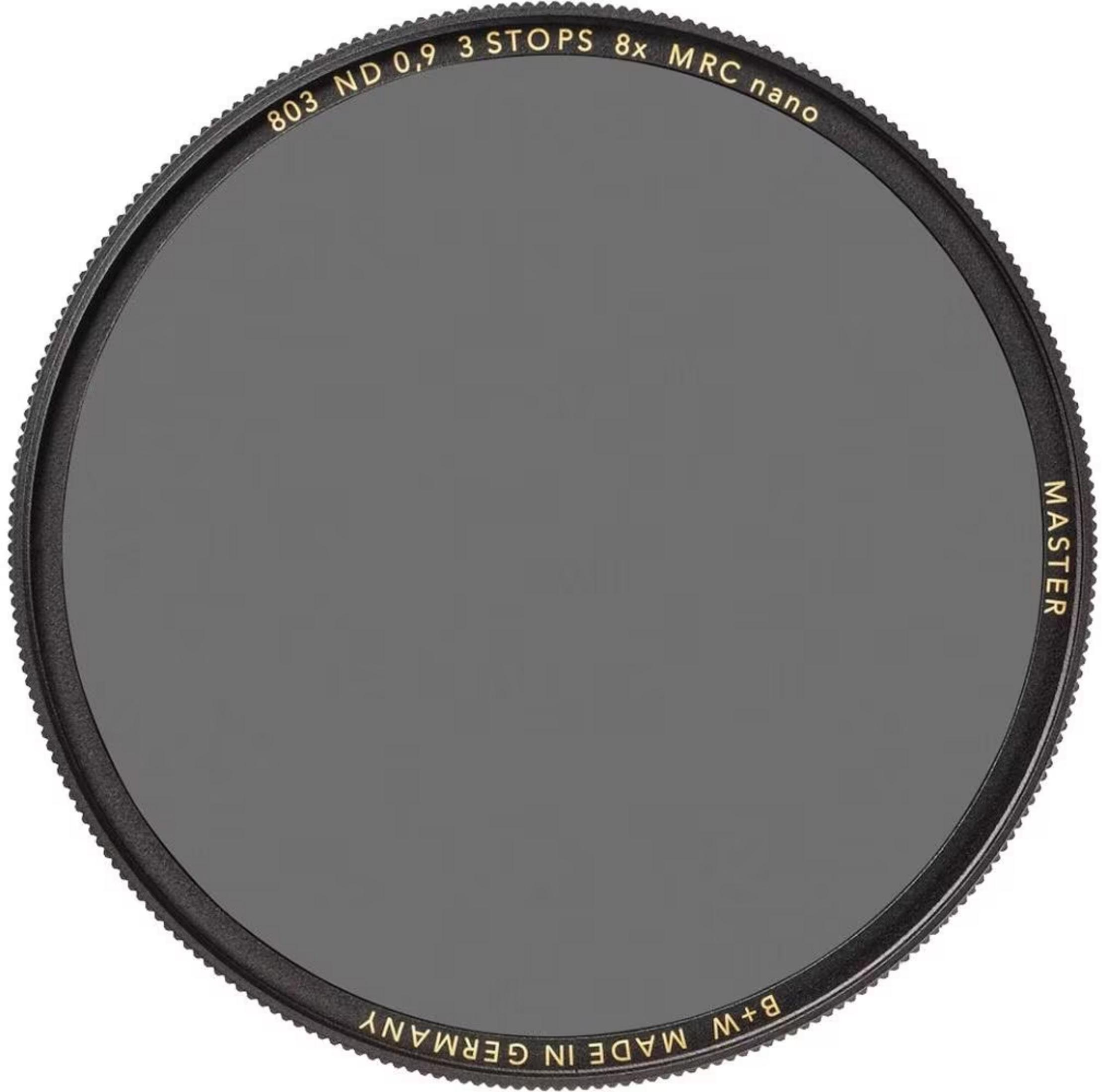 Grauer ND-Filter mit goldener Schrift: 'MASTER', 'B+W MADE IN GERMANY', '803 ND 0,9 3 STOPS 8x MRC nano'.