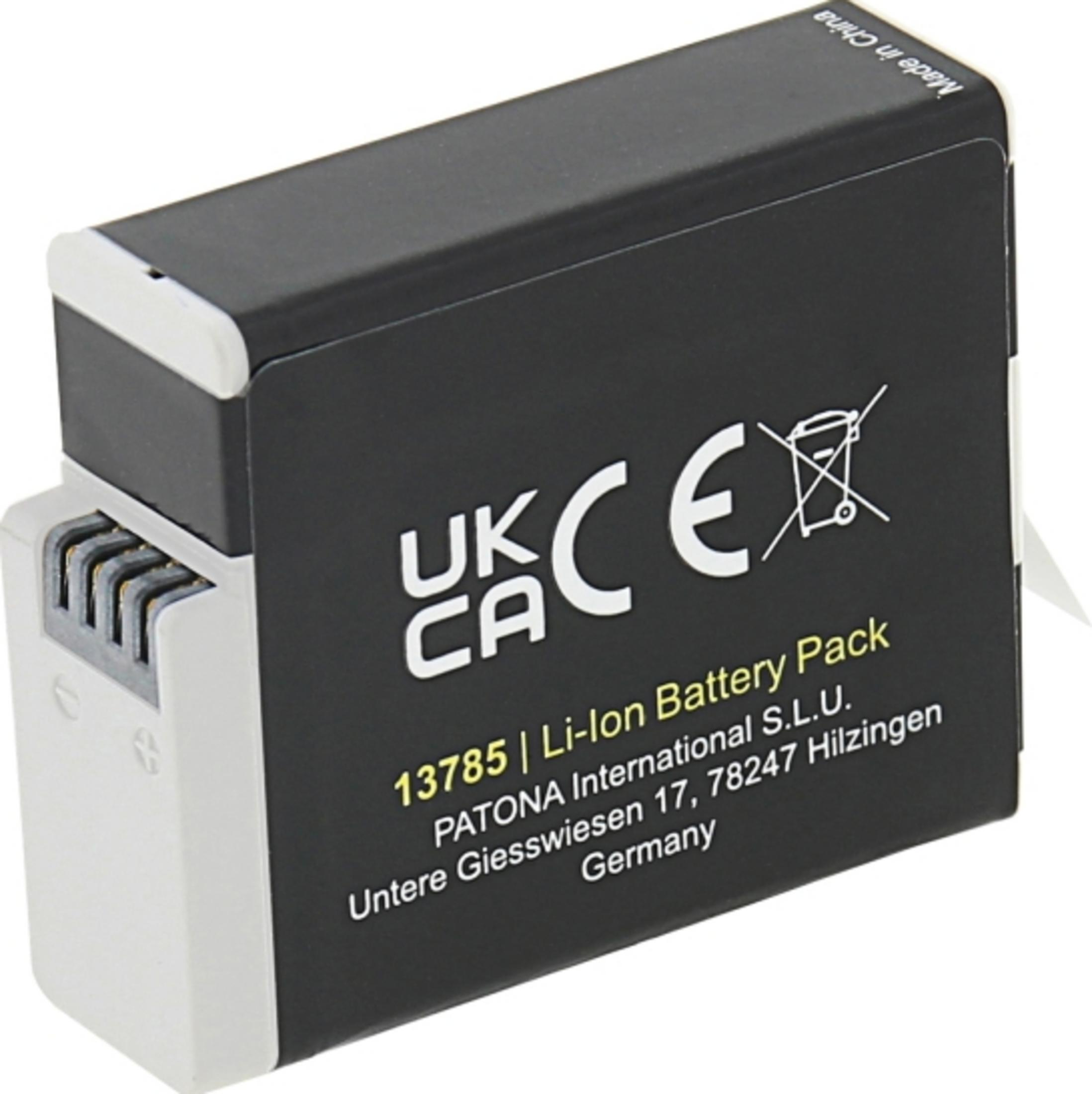 Bloc-batterie Li-ion noir avec connecteur blanc et symboles CE/UKCA.