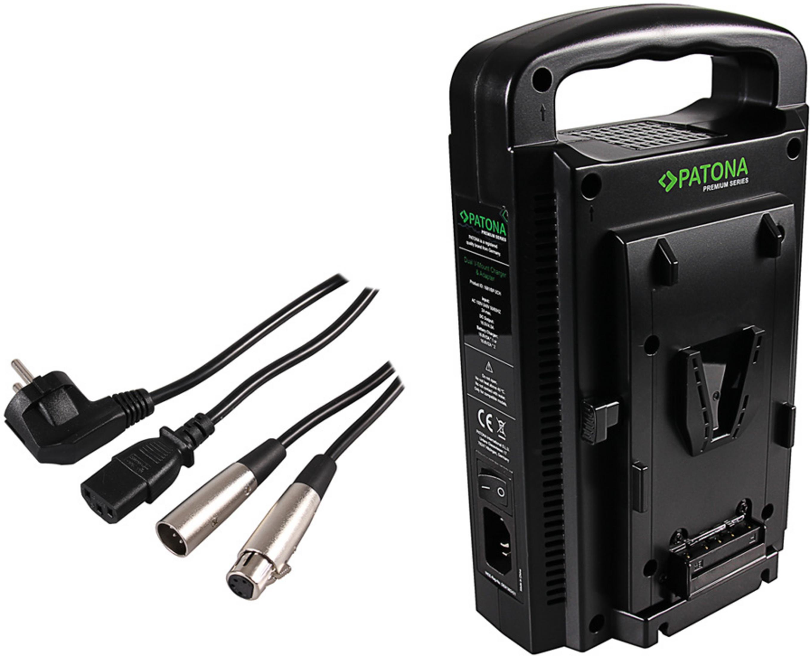 Caricabatterie PATONA dual V-mount nero con cavi di alimentazione e connettori XLR.