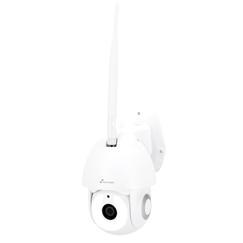 Una cámara de seguridad blanca con antena, montada en una pared.