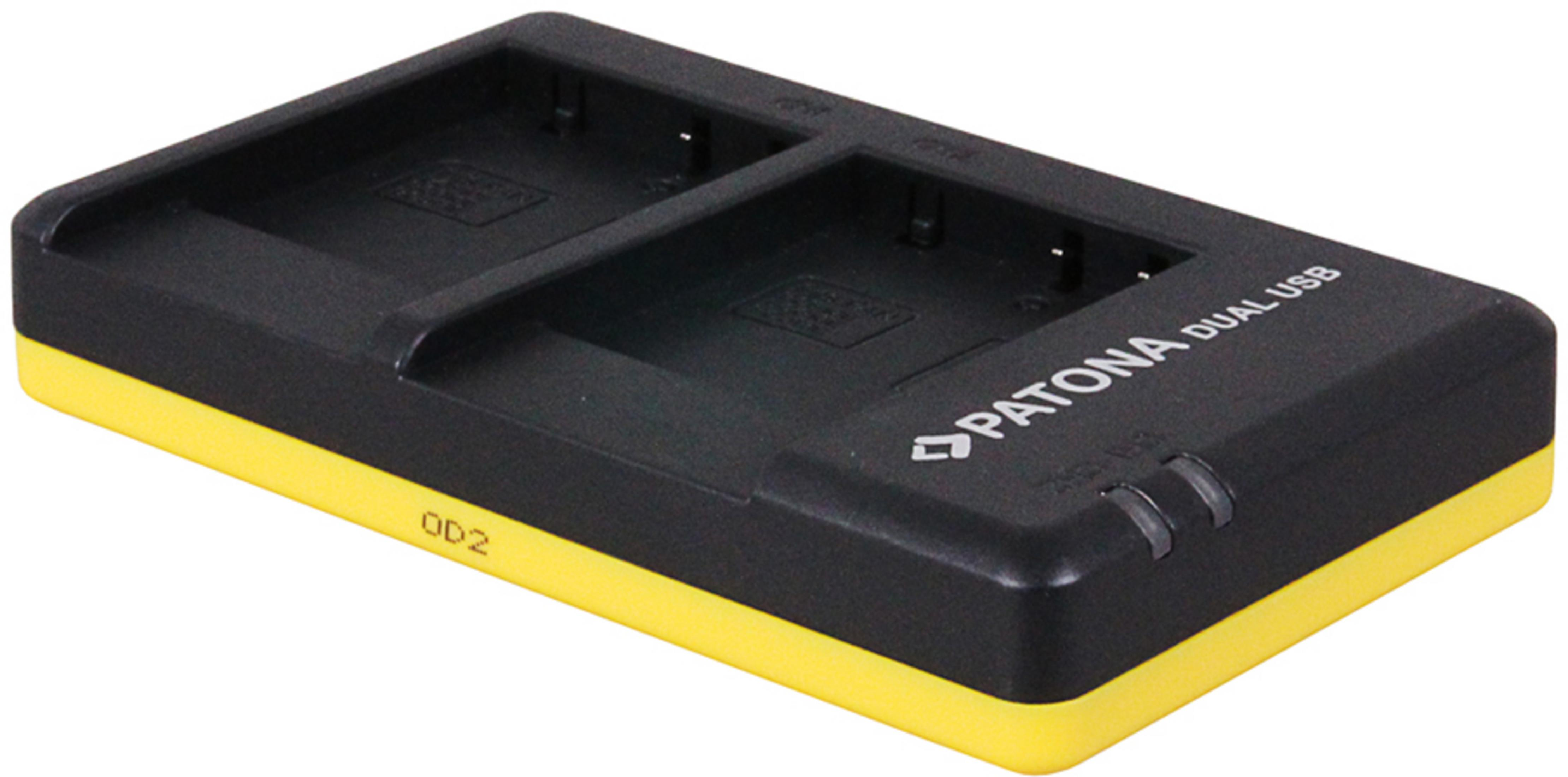 Caricatore doppio nero con bordo giallo e marchio PATONA DUAL USB.