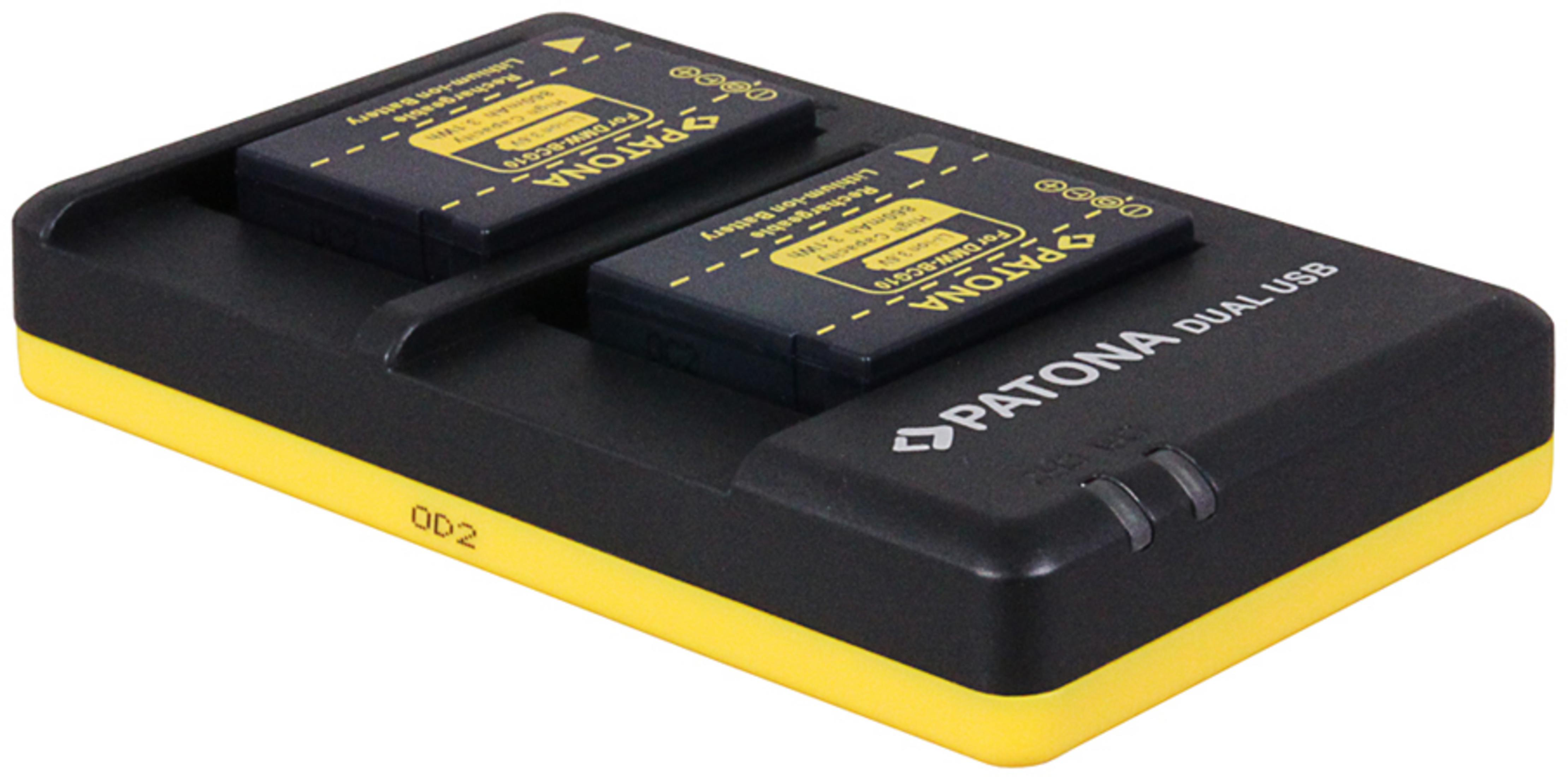 Caricabatterie USB doppio con due batterie PATONA, nero e giallo.