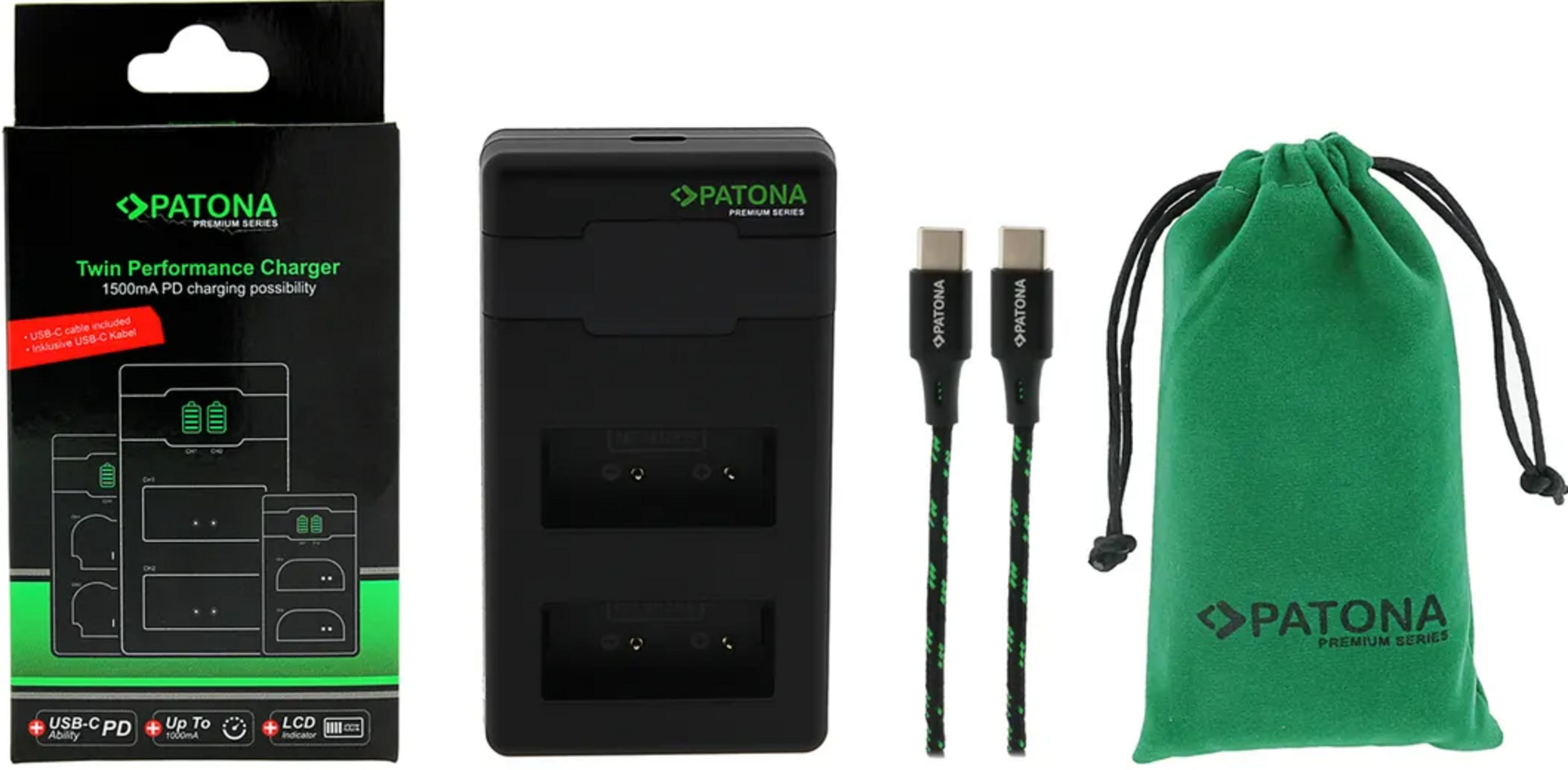 Caricatore Patona Twin Performance con due cavi USB-C e sacchetto.