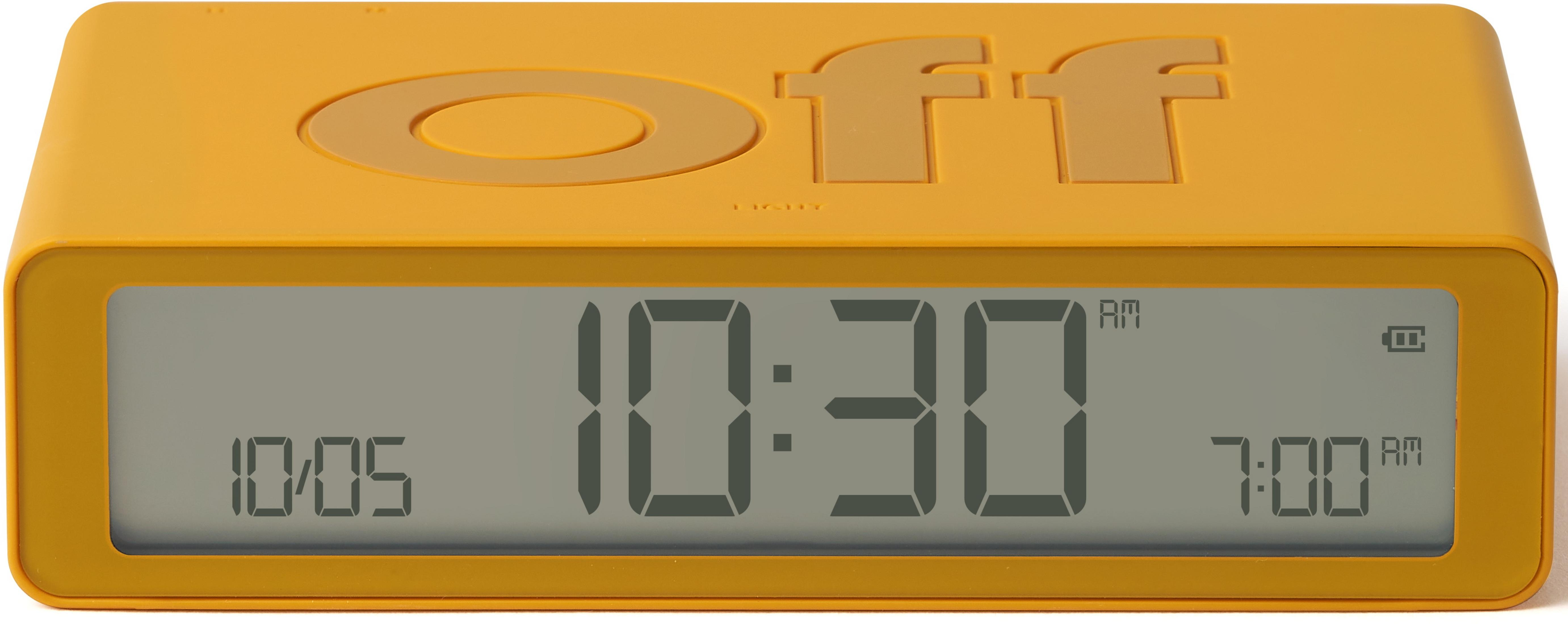 Ein gelber Digitalwecker mit "OFF"-Aufschrift oben und Zeitanzeige.