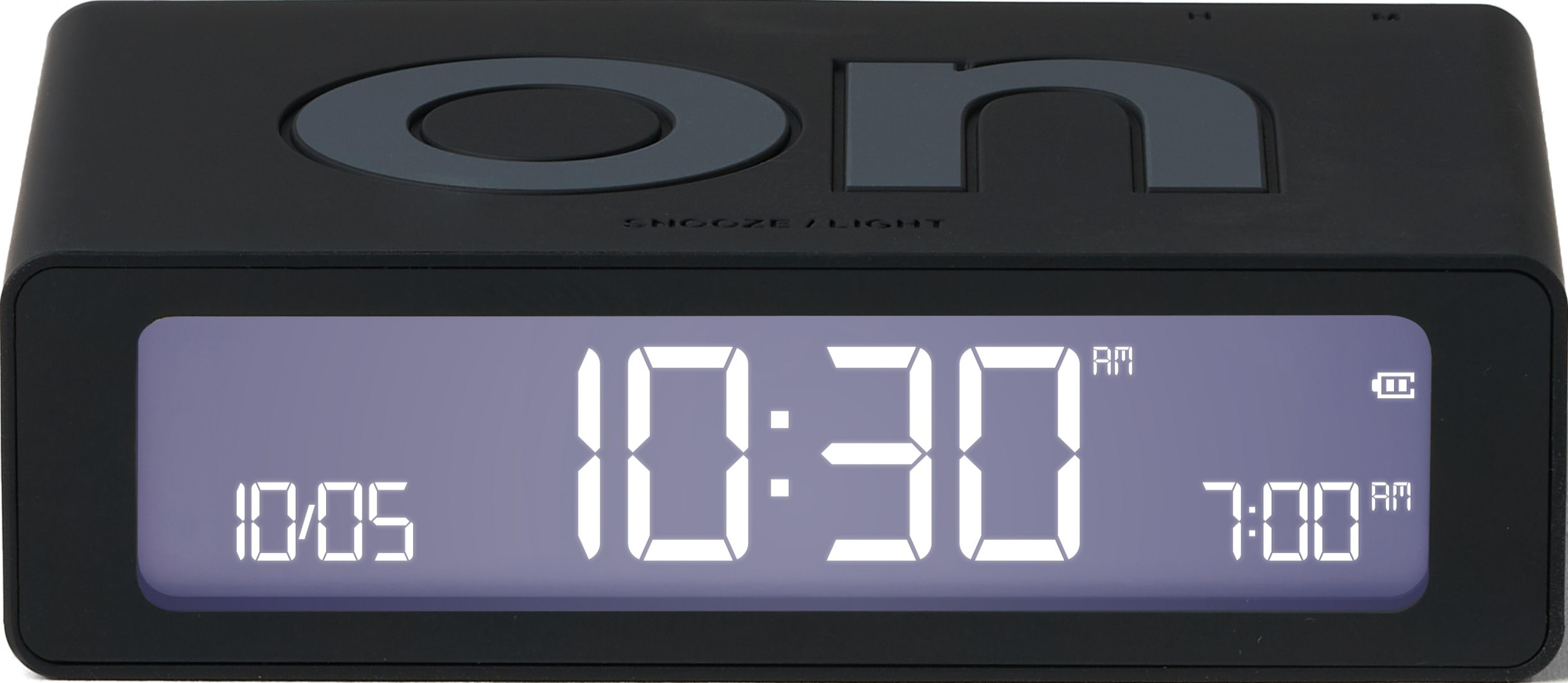 Schwarzer Wecker zeigt 10:30 Uhr und 7:00 Uhr an.