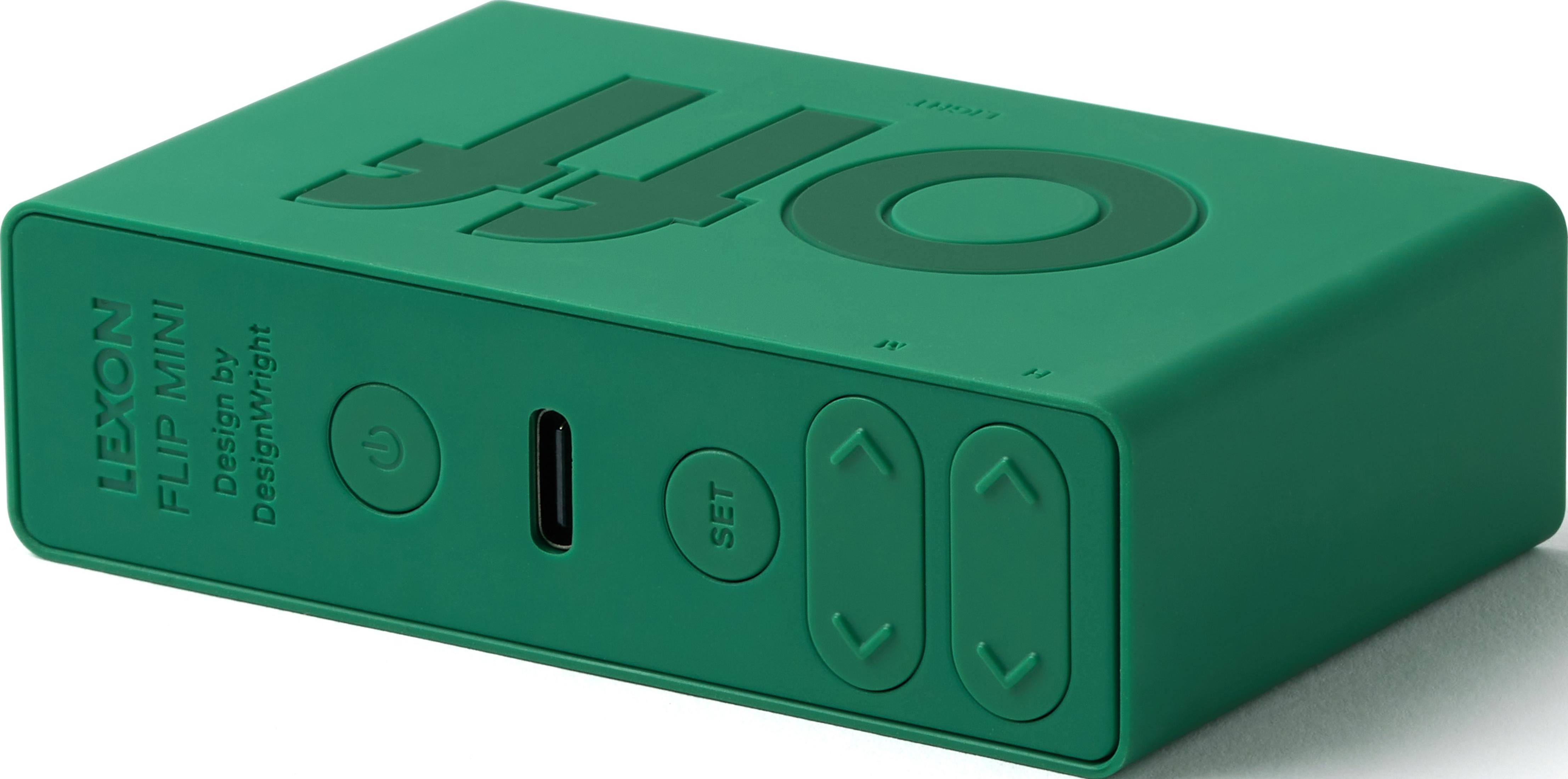 Boîte verte étiquetée 'LEXON FLIP MINI'. Comprend USB-C, bouton Set et boutons fléchés.