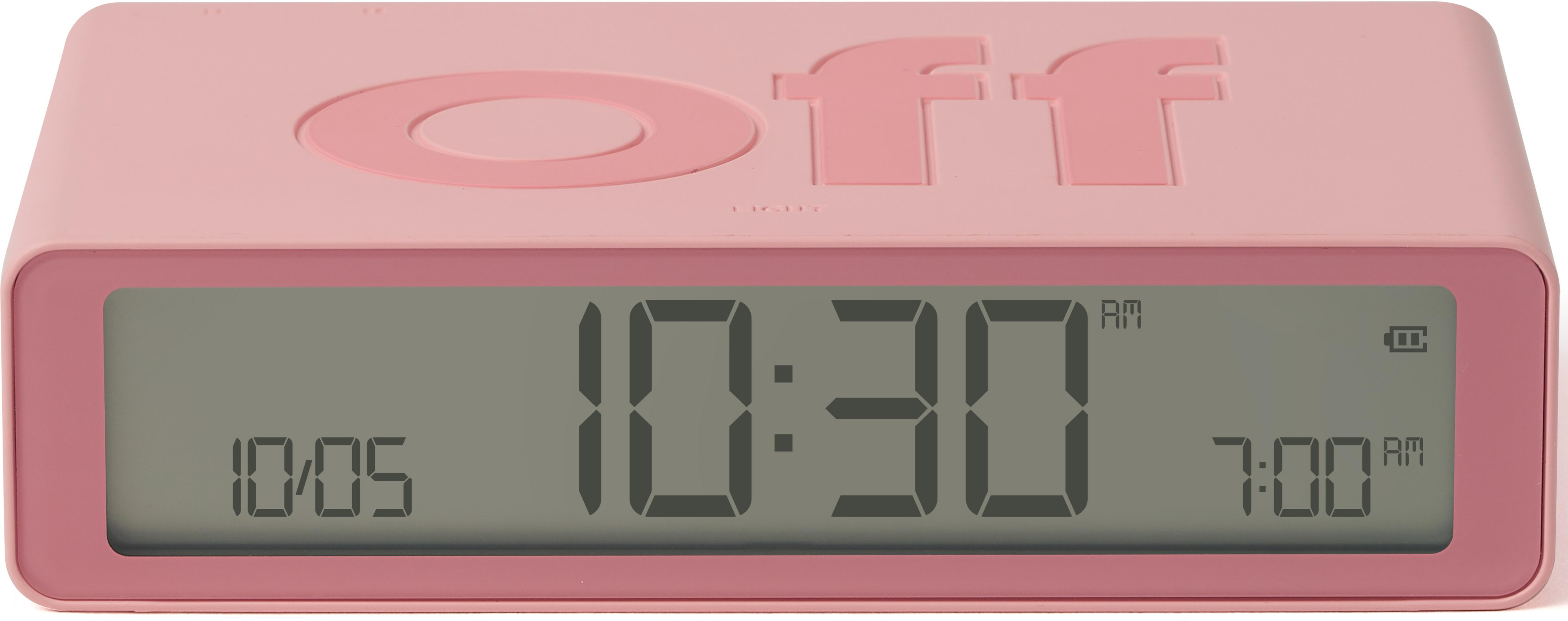 Ein rosafarbener Digitalwecker zeigt 10:30 Uhr und 7:00 Uhr an.