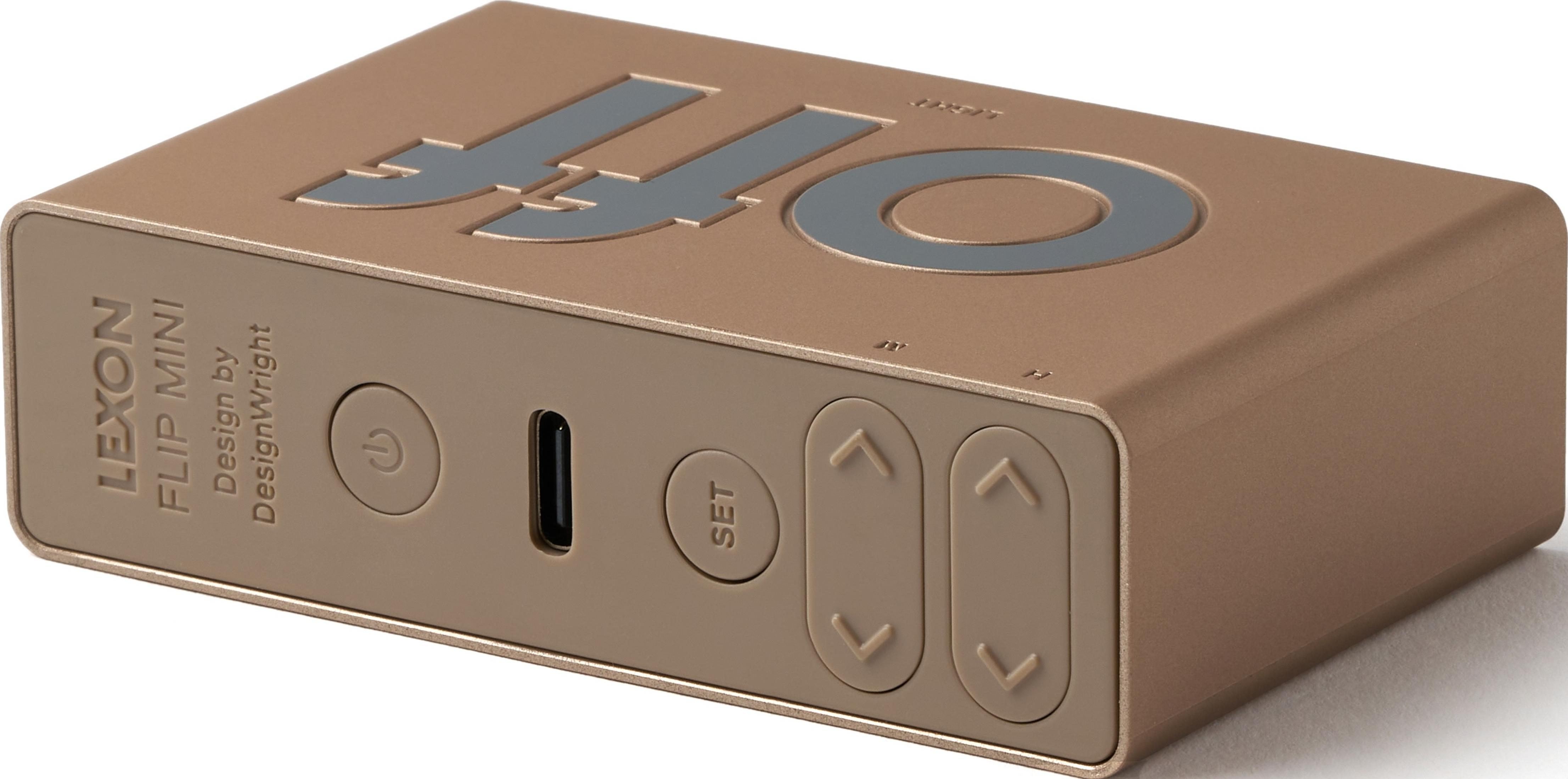 Goldene Lexon Flip Mini mit USB-C, Power- und Set-Tasten. Oberseite mit "OFF".
