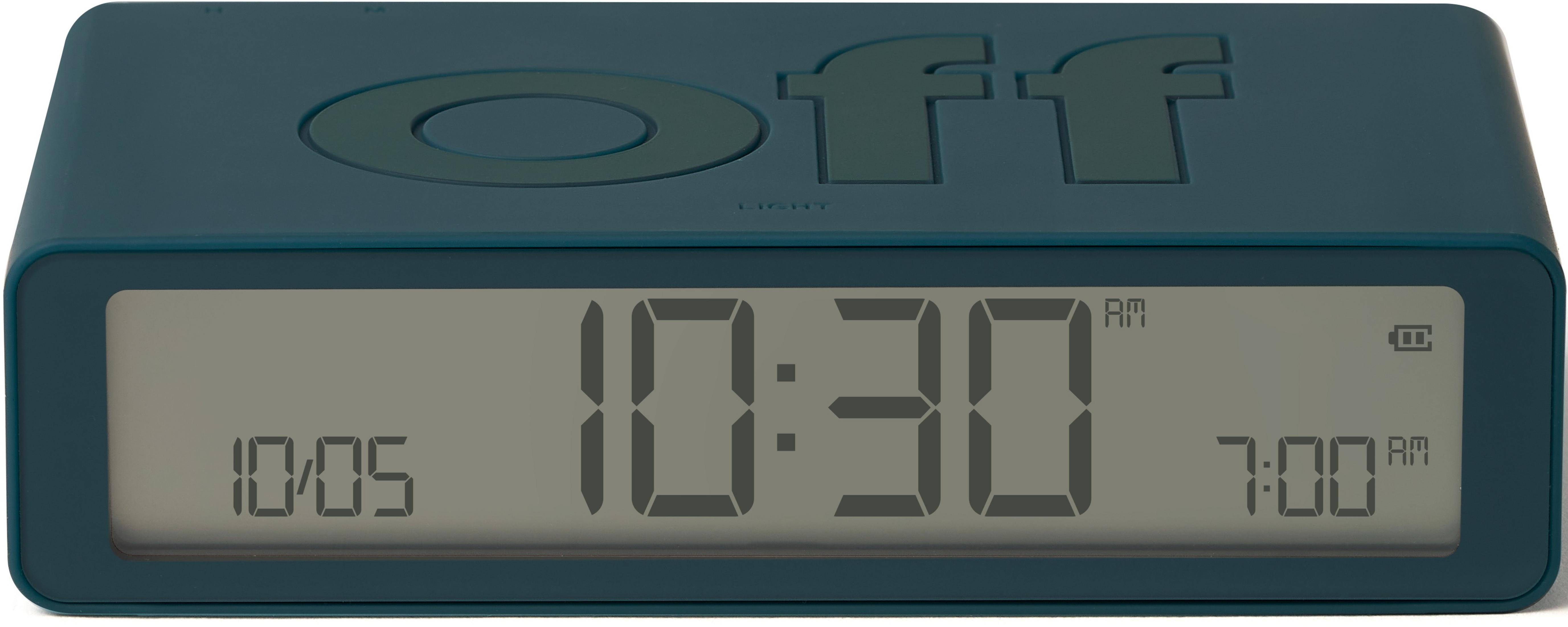 Ein blauer Digitalwecker zeigt 10:30 an.