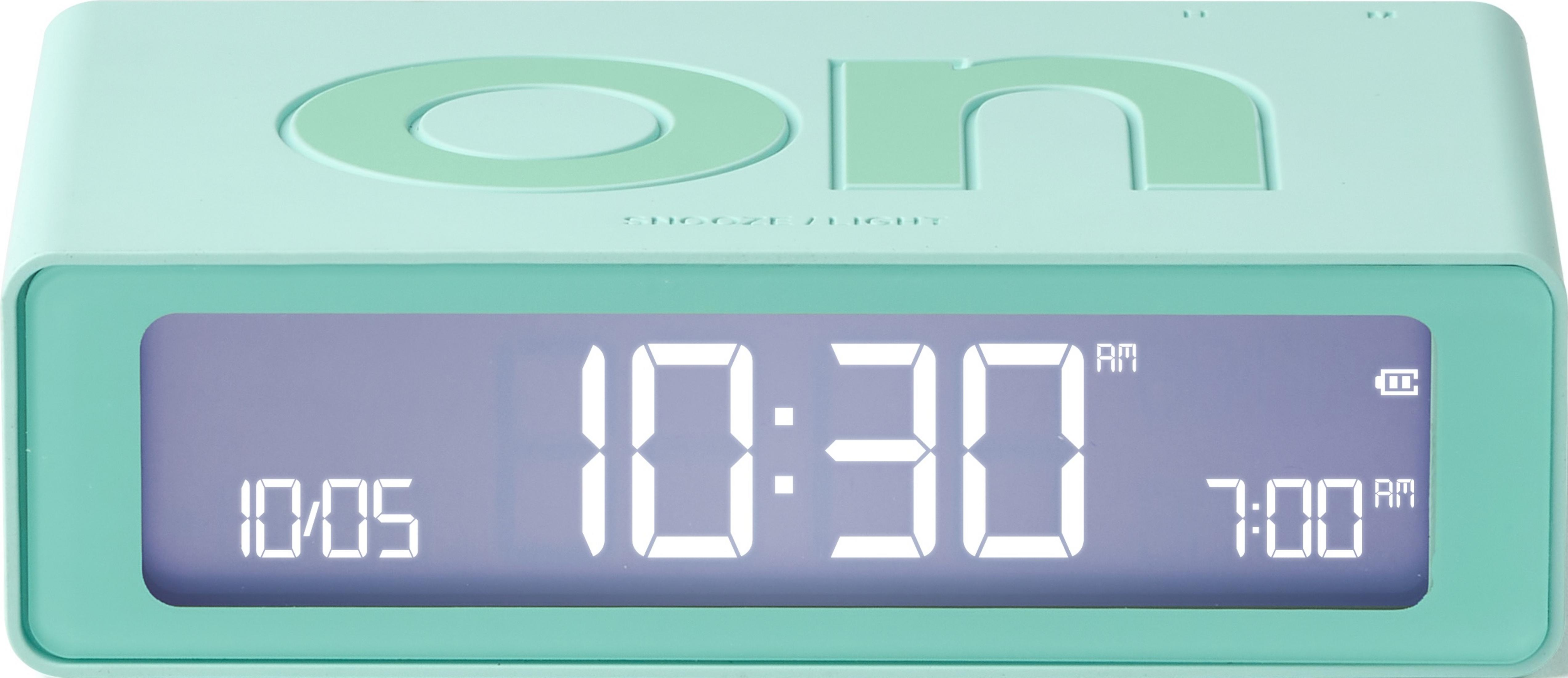 Ein mintgrüner Wecker zeigt 10:30 Uhr und 7:00 Uhr an.