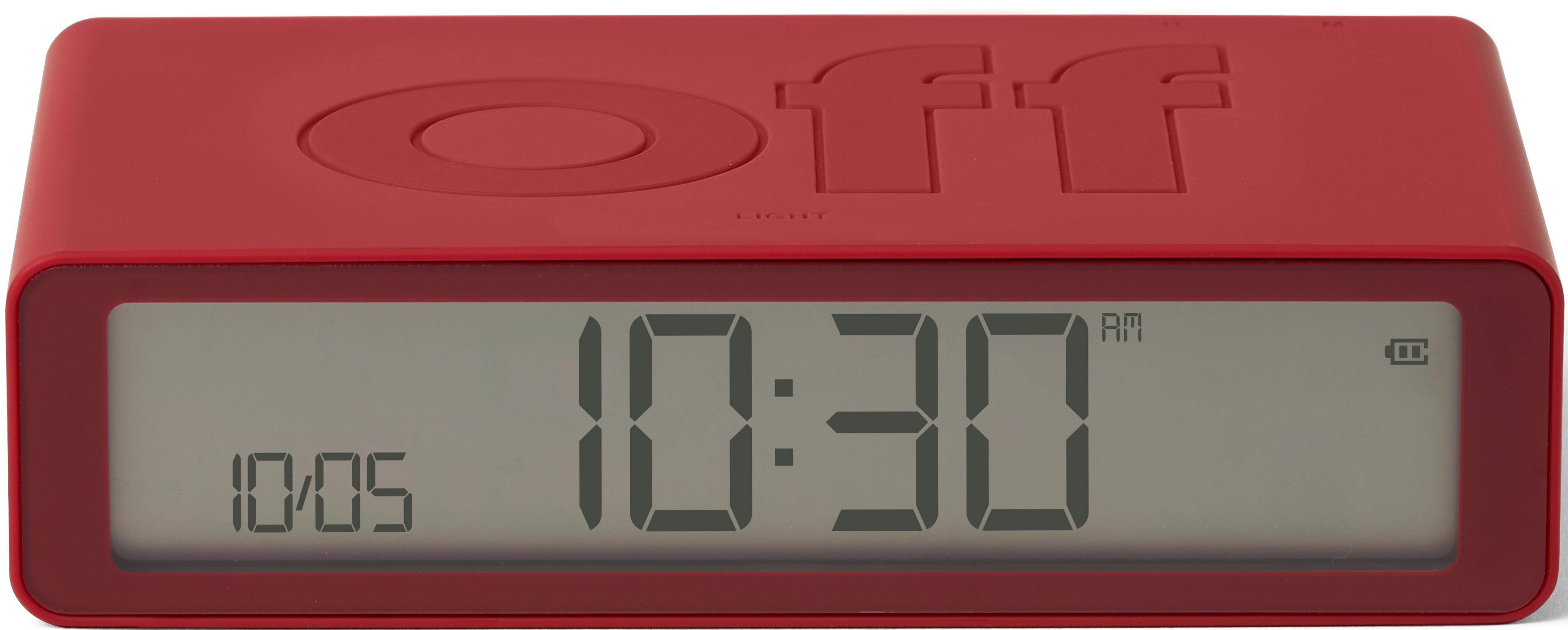 Rote Digitaluhr zeigt 10:05 und 10:30 AM mit Batteriestatus.