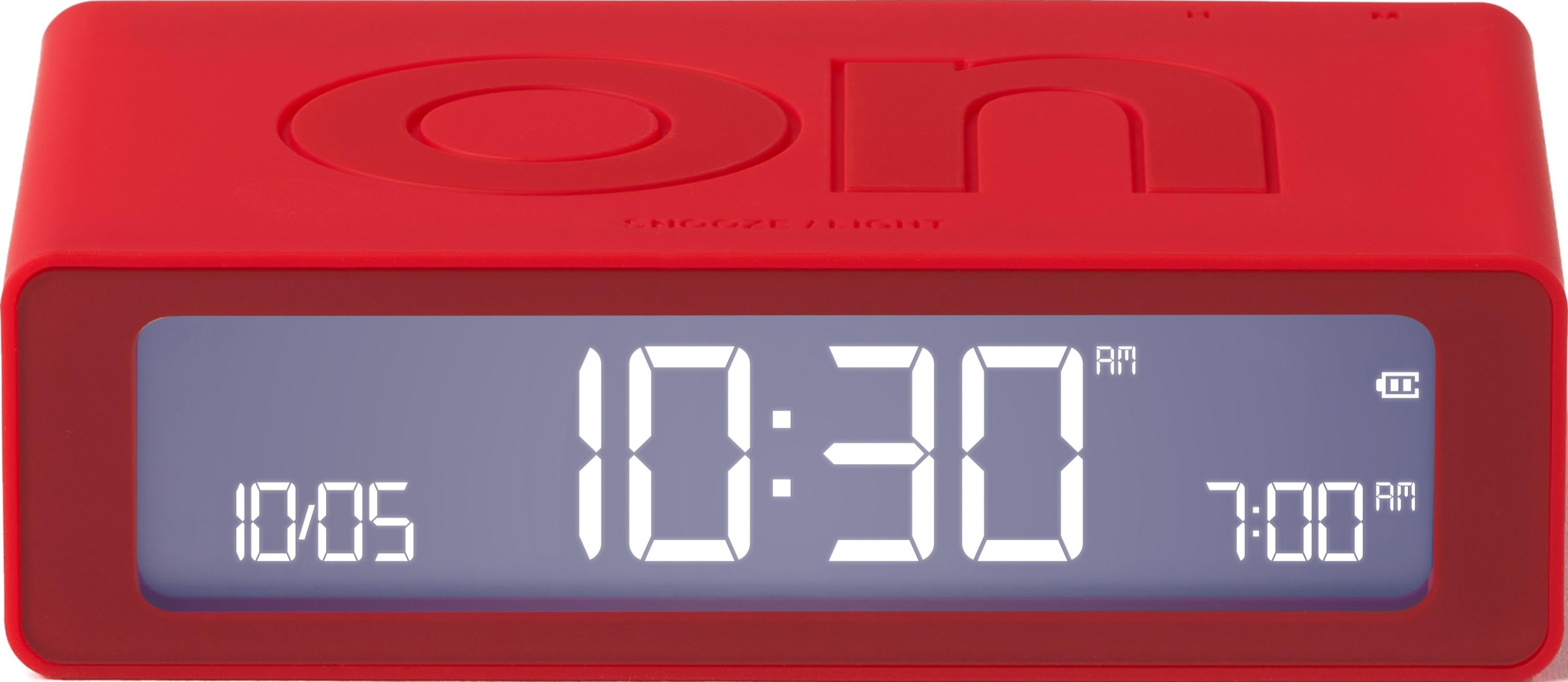 Roter Digitalwecker zeigt 10:30 Uhr und 7:00 Uhr an. Das Wort "on" ist oben eingeprägt.