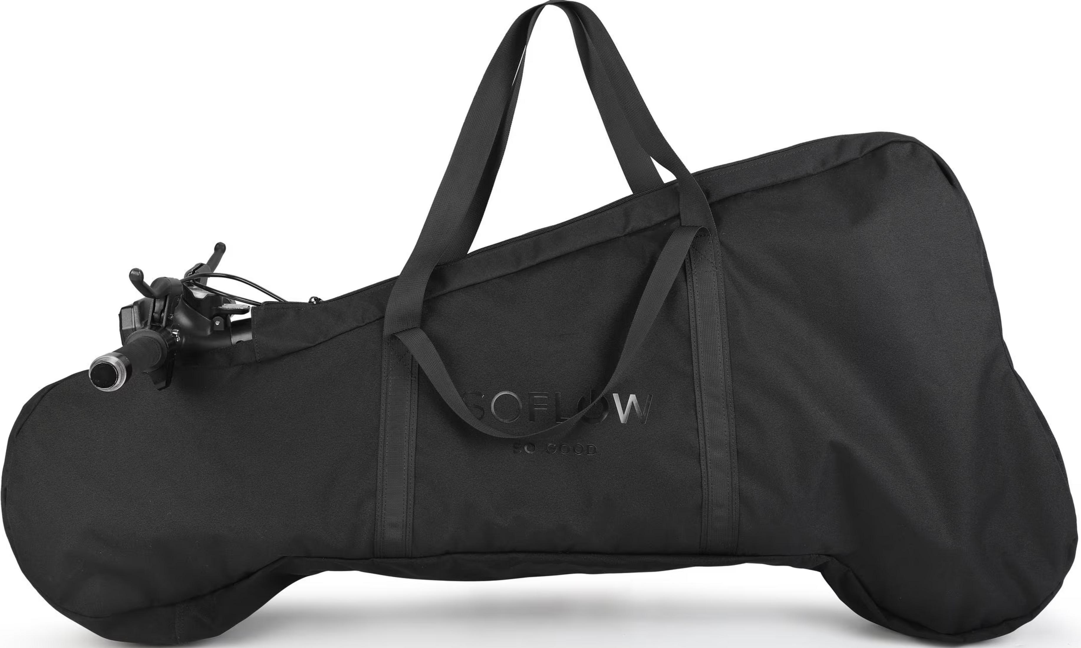 Schwarze Tasche mit Griffen und Lenkerdetail.