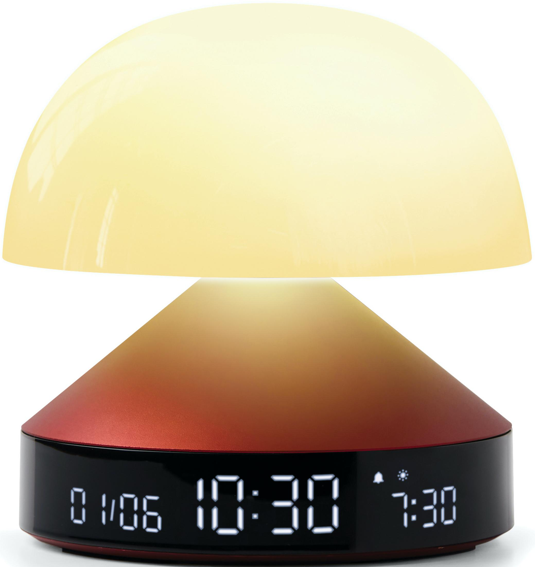 Ein Lampenwecker mit digitaler Anzeige zeigt 10:30. Die Lampe ist gelb und rot.