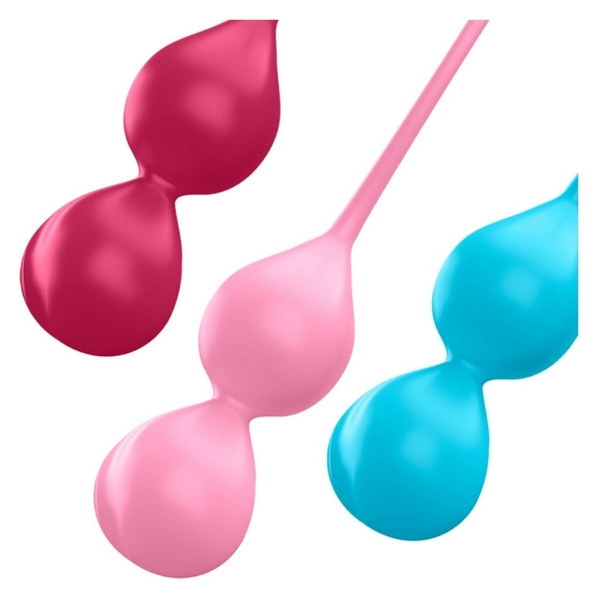 Drei bauchige Kugeln an einem Stiel in Rosa, Blau und Rot.