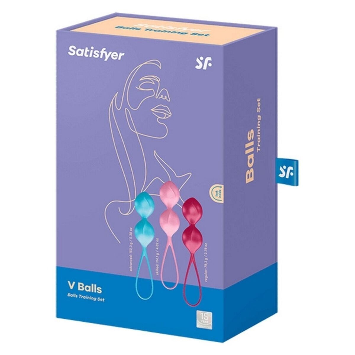 Lila Box mit Satisfyer V Balls Trainingsset; drei Kugeln in Türkis, Rosa und Rot.