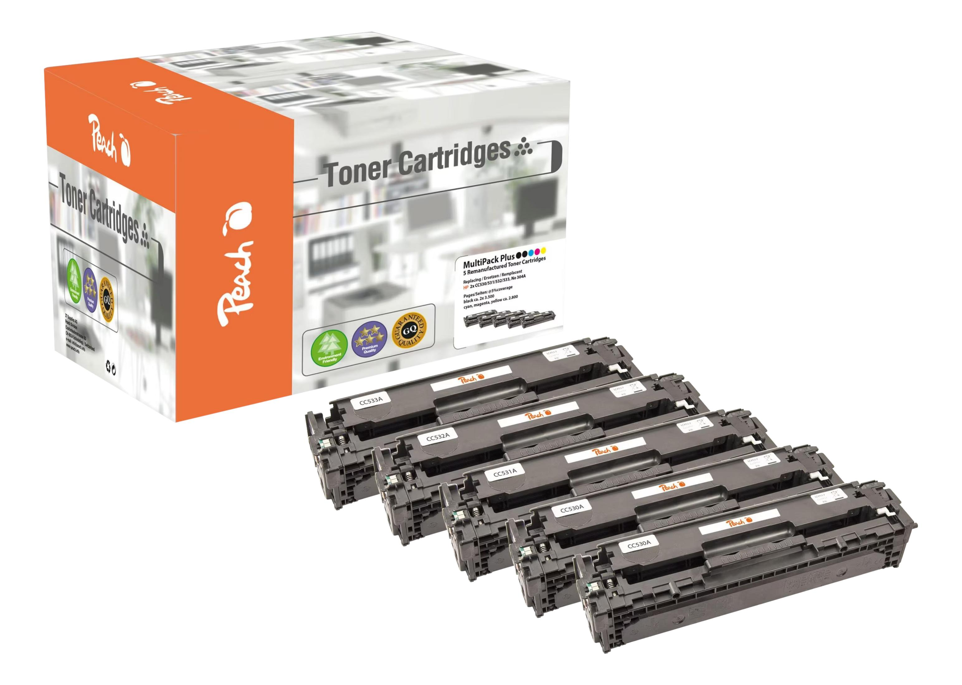 Cinque cartucce toner Peach davanti a una scatola.