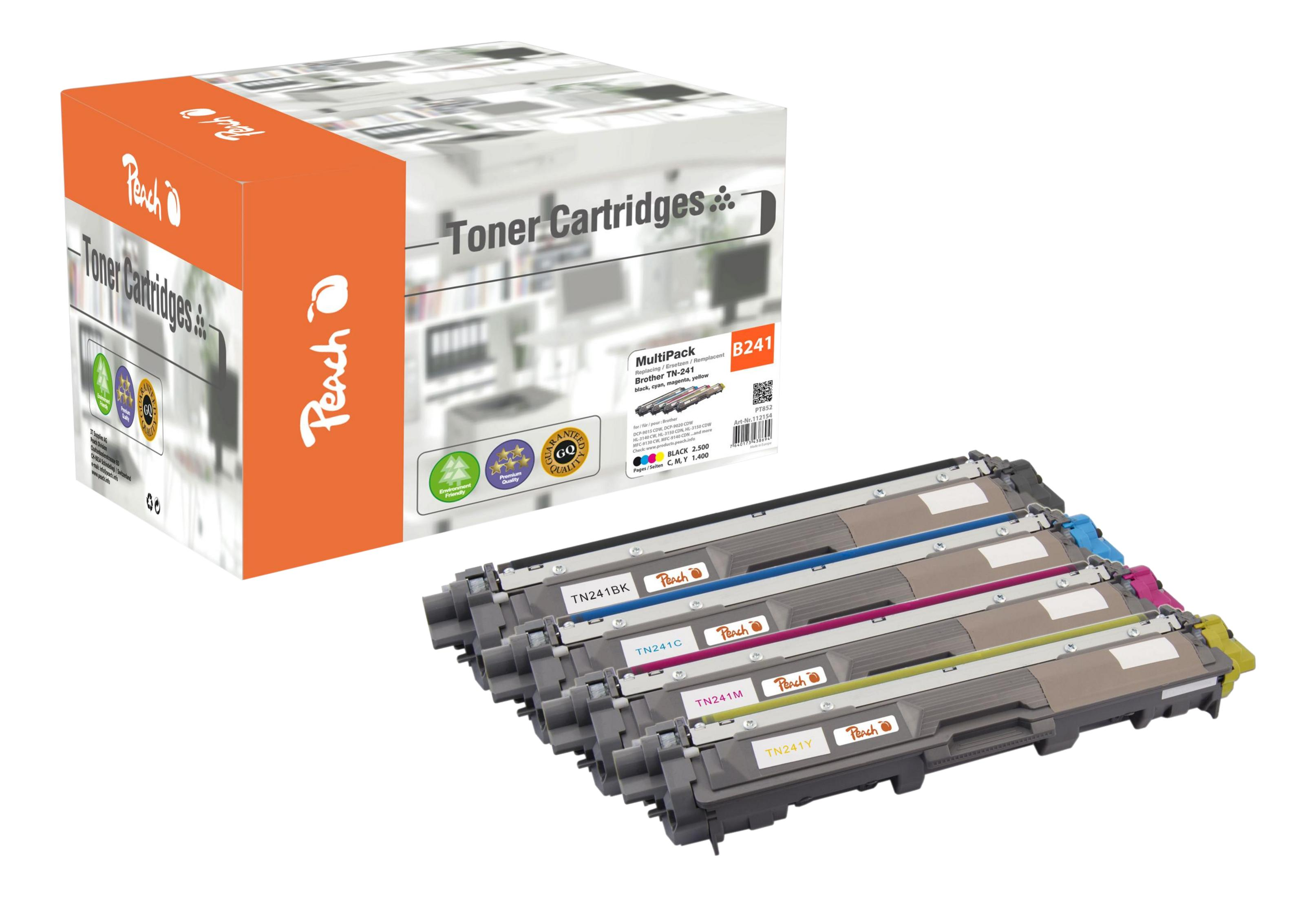 Multipack toner Peach con quattro cartucce: nero, ciano, magenta e giallo.