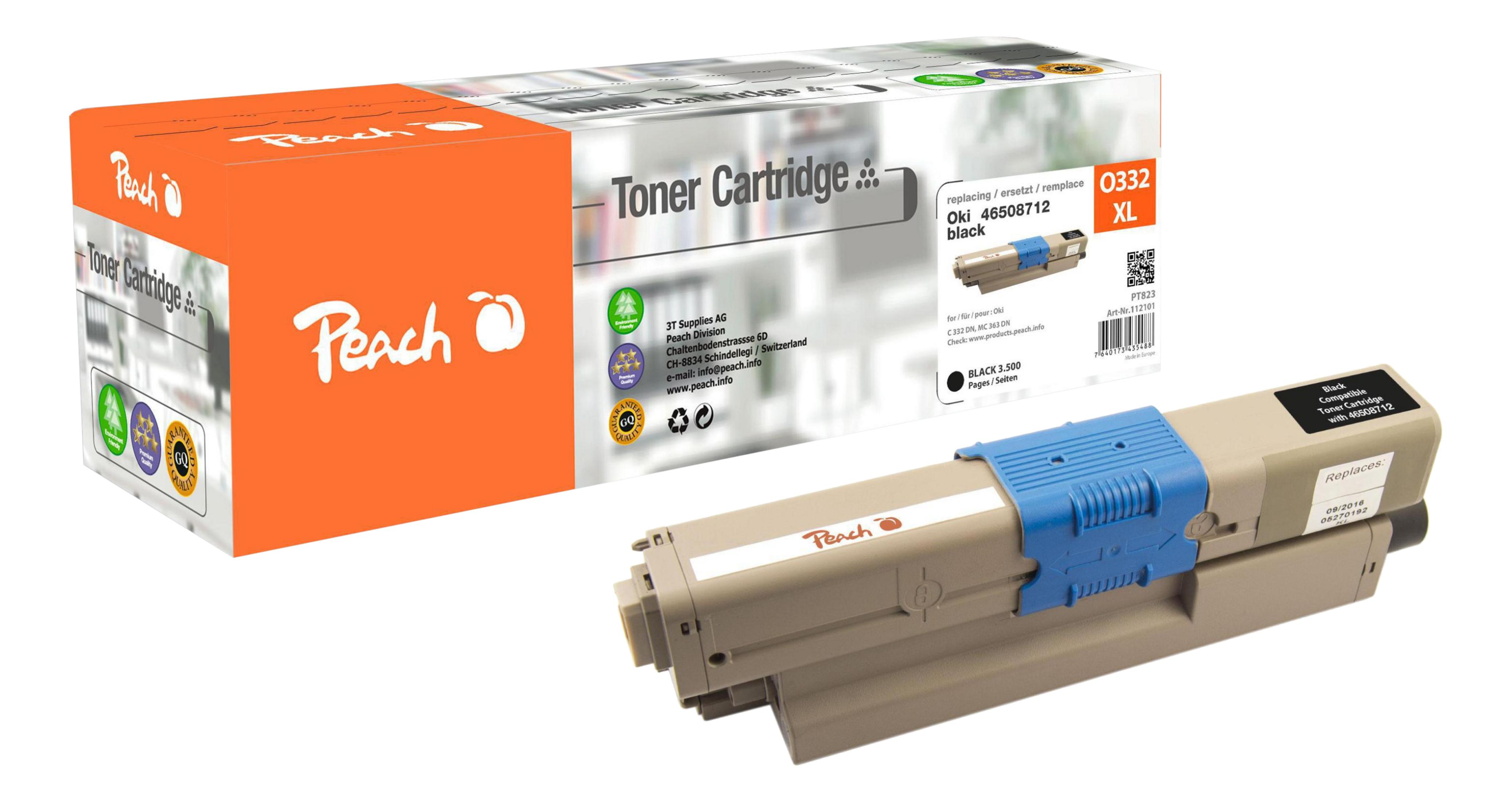 Toner Peach do Oki 46508712 XL, czarny. Obok opakowanie.