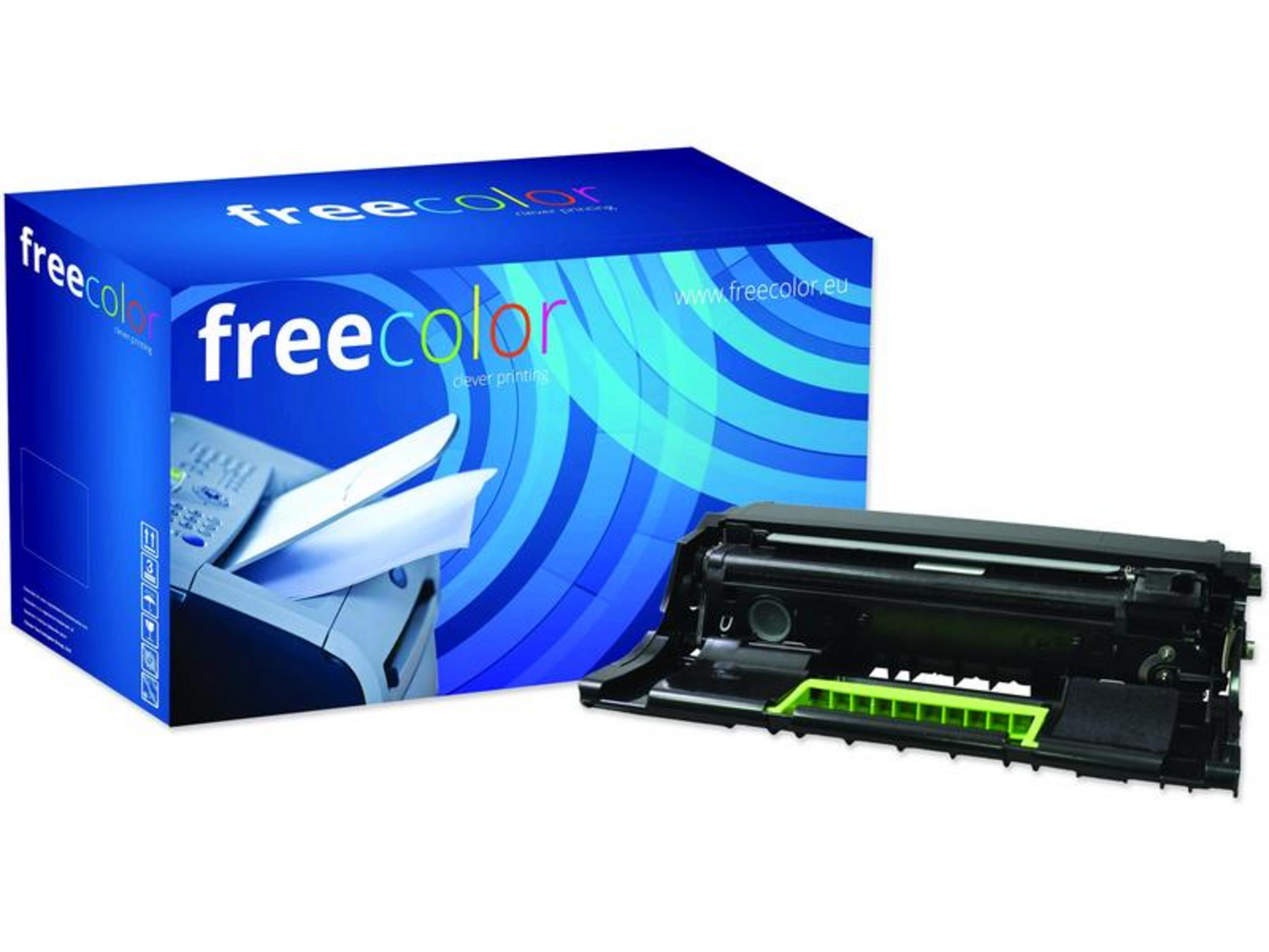 Niebieskie pudełko z logo "freecolor" obok czarnego tonera do drukarki laserowej.