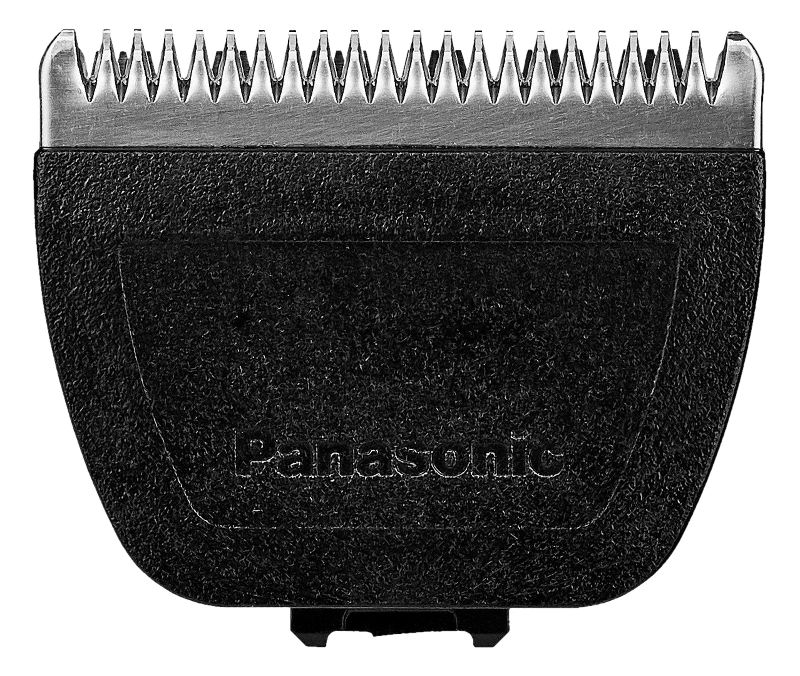Nahaufnahme einer schwarzen Panasonic Haarschneidemaschinenklinge mit silbernen Zähnen.